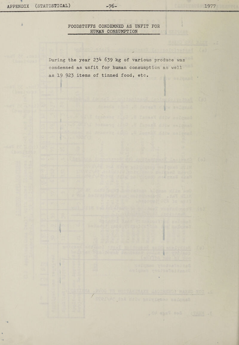 FOODSTUFFS CONDEMNED AS UNFIT FOR HUMAN CONSUMPTION During the year 23^ ^39 kg of various produce was condemned as unfit for human consumption as well as 19 923 items of tinned food, etc. /