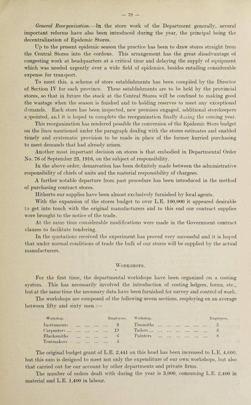 General Reorganization.—In the store work of the Department generally, several important reforms have also been introduced during the year, the principal being the decentralization of Epidemic Stores. Up to the present epidemic season the practice has been to draw stores straight from the Central Stores into the cordons. This arrangement has the great disadvantage of congesting work at headquarters at a critical time and delaying the supply of equipment which was needed urgently over a wide field of epidemics, besides entailing considerable expense for transport. To meet this, a scheme of store establishments has been compiled by the Director of Section IV for each province. These establishments are to be held by the provincial stores, so that in future the stock at the Central Stores will be confined to making good the wastage when the season is finished and to holding reserves to meet any exceptional demands. Each store has been inspected, new premises engaged, additional storekeepers appointed, an! it is hoped to complete the reorganization finally during the coming year. This reorganization has rendered possible the conversion of the Epidemic Store budget on the lines mentioned under the paragraph dealing with the stores estimates and enabled timely and systematic provision to be made in place of the former hurried purchasing to meet demands that had already arisen. Another most important decision on stores is that embodied in Departmental Order No. 76 of September 23, 1916, on the subject of responsibility. In the above order, demarcation has been definitely made between the administrative responsibility of chiefs of units and the material responsibility of chargees. A further notable departure from past procedure has been introduced in the method of purchasing contract stores. Hitherto our supplies have been almost exclusively furnished by local agents. With the expansion of the stores budget to over L.E. 100,000 it appeared desirable to get into touch with the original manufacturers and to this end our contract supplies were brought to the notice of the trade. At the same time considerable modifications were made in the Government contract clauses to facilitate tendering. In the quotations received the experiment has proved very successful and it is hoped that under normal conditions of trade the bulk of our stores will be supplied by the actual manufacturers. Workshops. For the first time, the departmental workshops have been organized on a costing system. This has necessarily involved the introduction of costing ledgers, forms, etc., but at the same time the necessary data have been furnished for survey and control of work. The workshops are composed of the following seven sections, employing on an average between fifty and sixty men Workshop. Employees. Workshop. Employees. Instruments ••• ••• ••• 8 Tinsmiths . 3 Carpenters ... . ... 19 Tailors. 3 Blacksmiths Tentmakers . 6 5 Painters . 8 The original budget grant of L.E. 2,441 on this head has been increased to L.E. 4,600, but this sum is designed to meet not only the expenditure of our own workshops, but also that carried out for our account by other departments and private firms. The number of orders dealt with during the year is 3,000, consuming L.E. 2,400 in material and L.E. 1,400 in labour.
