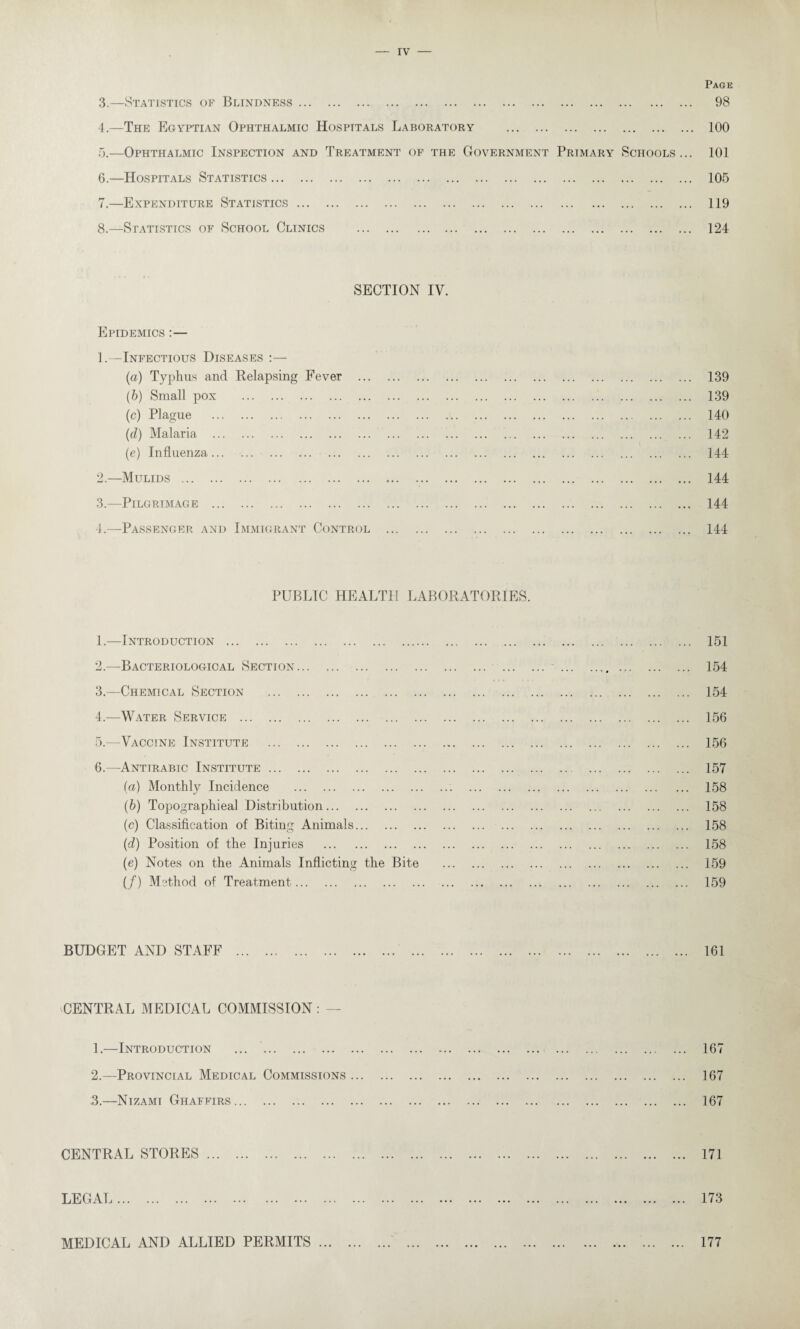 3. —Statistics of Blindness. 4. —The Egyptian Ophthalmic Hospitals Laboratory . 5. —Ophthalmic Inspection and Treatment of the Government Primary Schools... 6. —Hospitals Statistics. 7. —Expenditure Statistics. 8. —Statistics of School Clinics . Page 98 100 101 105 119 124 SECTION IV. Epidemics :— 1. —Infectious Diseases :— (a) Typhus and Relapsing Fever ... (b) Small pox . (c) Plague . (d) Malaria . (e) Influenza. 2. —Mulids. 3. —Pilgrimage . 4. -—Passenger and Immigrant Control 139 139 140 142 144 144 144 144 PUBLIC HEALTH LABORATORIES. 1. —Introduction . 2. —Bacteriological Section... 3. —Chemical Section . 4. —Water Service . 151 154 154 156 5.--Vacctne Institute 156 6.—Anttrabic Institute. (a) Monthly Incidence . (b) Topographieal Distribution... (c) Classification of Biting Animals. (d) Position of the Injuries (e) Notes on the Animals Inflicting (/) Method of Treatment. the Bite 157 158 158 158 158 159 159 BUDGET AND STAFF 161 CENTRAL MEDICAL COMMISSION : — 1. —Introduction . 2. —Provincial Medical Commissions ... 3. —Nizami Ghaffirs. 167 167 167 CENTRAL STORES ... 171 LEGAL ... 173 MEDICAL AND ALLIED PERMITS ... 177