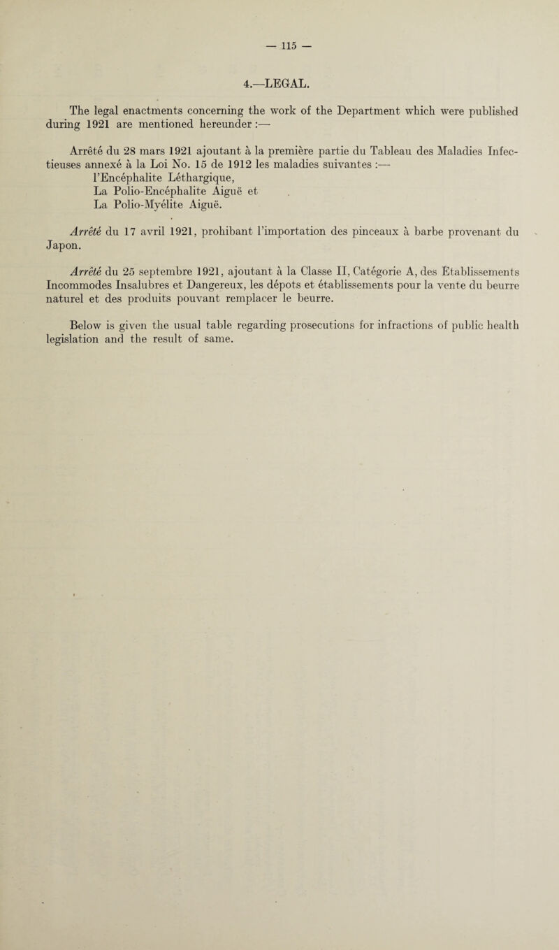 4.—LEGAL. The legal enactments concerning the work of the Department which were published during 1921 are mentioned hereunder :—- Arrete du 28 mars 1921 ajoutant a la premiere partie du Tableau des Maladies Infec- tieuses annexe a la Loi No. 15 de 1912 les maladies suivantes :— l’Encephalite Lethargique, La Polio-Encephalite Aigue et La Polio-Myelite Aigue. Arrete du 17 avril 1921, prohibant l’importation des pinceaux a barbe provenant du Japon. Arrete du 25 septembre 1921, ajoutant a la Classe II, Categorie A, des Etablissements Incommodes Insalubres et Dangereux, les depots et etablissements pour la vente du beurre naturel et des produits pouvant remplacer le beurre. Below is given the usual table regarding prosecutions for infractions of public health legislation and the result of same. »