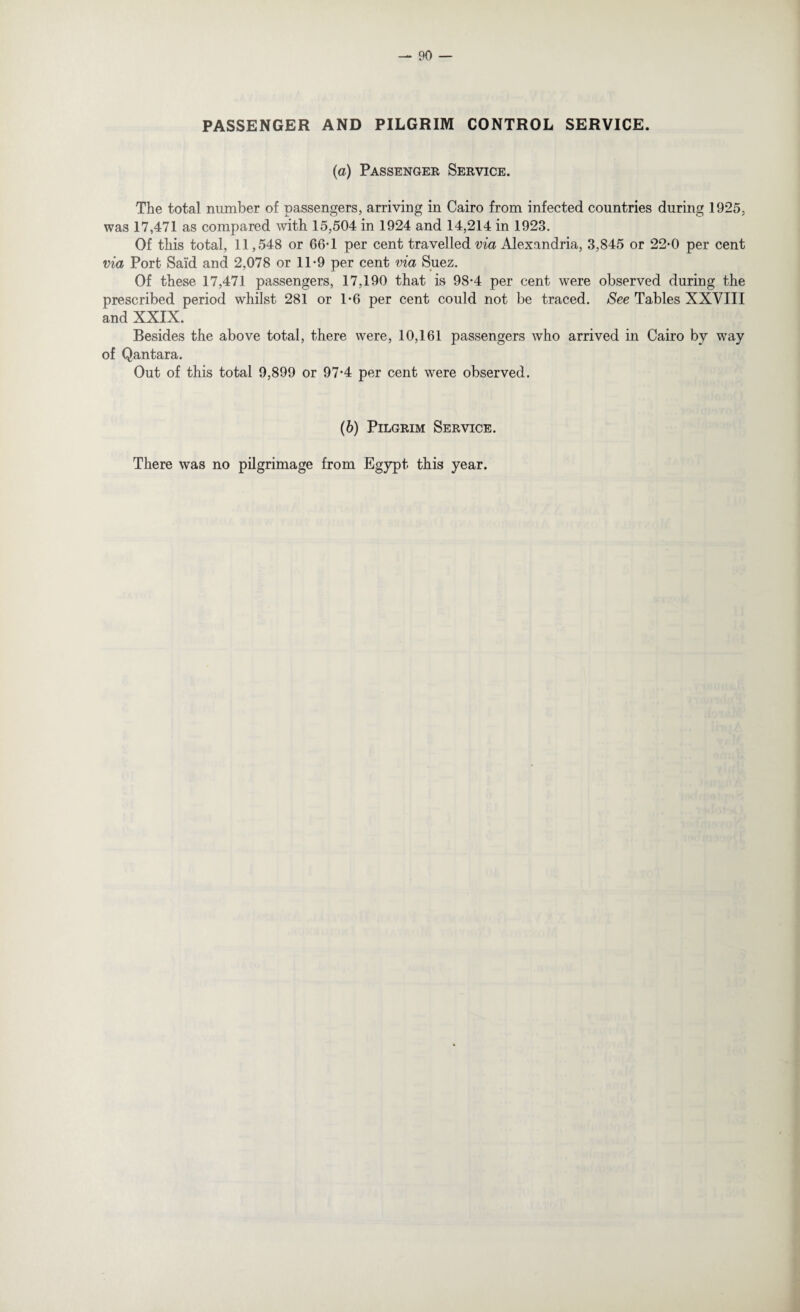 PASSENGER AND PILGRIM CONTROL SERVICE. (a) Passenger Service. The total number of passengers, arriving in Cairo from infected countries during 1925, was 17,471 as compared with 15,504 in 1924 and 14,214 in 1923. Of this total, 11,548 or 66-1 per cent travelled via Alexandria, 3,845 or 22*0 per cent via Port Said and 2,078 or 11-9 per cent via Suez. Of these 17,471 passengers, 17,190 that is 98-4 per cent were observed during the prescribed period whilst 281 or 1-6 per cent could not be traced. See Tables XXVIII and XXIX. Besides the above total, there were, 10,161 passengers who arrived in Cairo by way of Qantara. Out of this total 9,899 or 97*4 per cent were observed. (6) Pilgrim Service. There was no pilgrimage from Egypt this year.