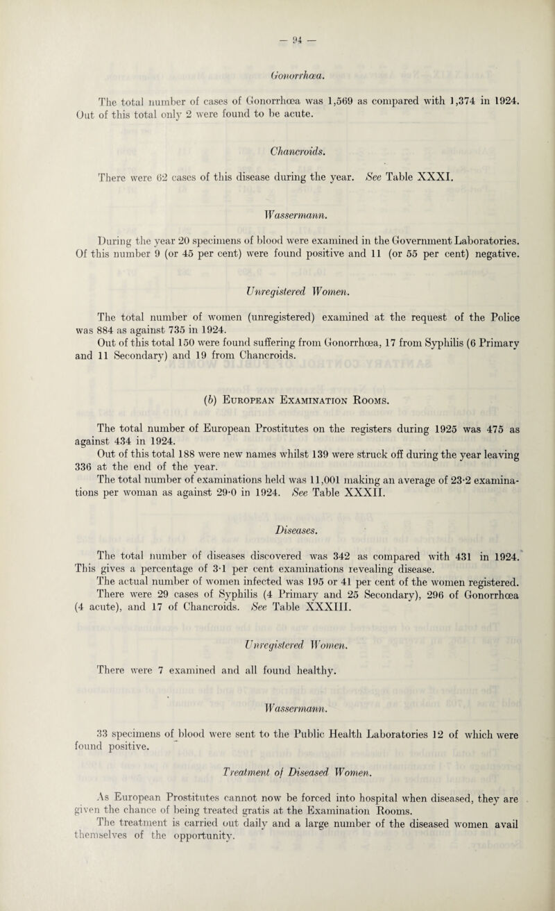 Gonorrhoea. The total number of cases of Gonorrhoea was 1,569 as compared with 1,374 in 1924. Out of this total only 2 were found to be acute. Chancroids. There were 62 cases of this disease during the year. See Table XXXI. Wassermann. During the year 20 specimens of blood were examined in the Government Laboratories. Of this number 9 (or 45 per cent) were found positive and 11 (or 55 per cent) negative. Unregistered Women. The total number of women (unregistered) examined at the request of the Police was 884 as against 735 in 1924. Out of this total 150 were found suffering from Gonorrhoea, 17 from Syphilis (6 Primary and 11 Secondary) and 19 from Chancroids. (h) European Examination Rooms. The total number of European Prostitutes on the registers during 1925 was 475 as against 434 in 1924. Out of this total 188 were new names whilst 139 were struck off during the year leaving 336 at the end of the year. The total number of examinations held was 11,001 making an average of 23-2 examina¬ tions per woman as against 29-0 in 1924. See Table XXXII. Diseases. The total number of diseases discovered was 342 as compared with 431 in 1924. This gives a percentage of 3T per cent examinations revealing disease. The actual number of women infected was 195 or 41 per cent of the women registered. There were 29 cases of Syphilis (4 Primary and 25 Secondary), 296 of Gonorrhoea (4 acute), and 17 of Chancroids. See Table XXXIII. U nre gistered Women. There were 7 examined and all found healthy. W assermann. 33 specimens of blood were sent to the Public Health Laboratories 12 of which were found positive. Treatment of Diseased Women. As European Prostitutes cannot now be forced into hospital when diseased, they are given the chance of being treated gratis at the Examination Rooms. The treatment is carried out daily and a large number of the diseased women avail themselves of the opportunity.