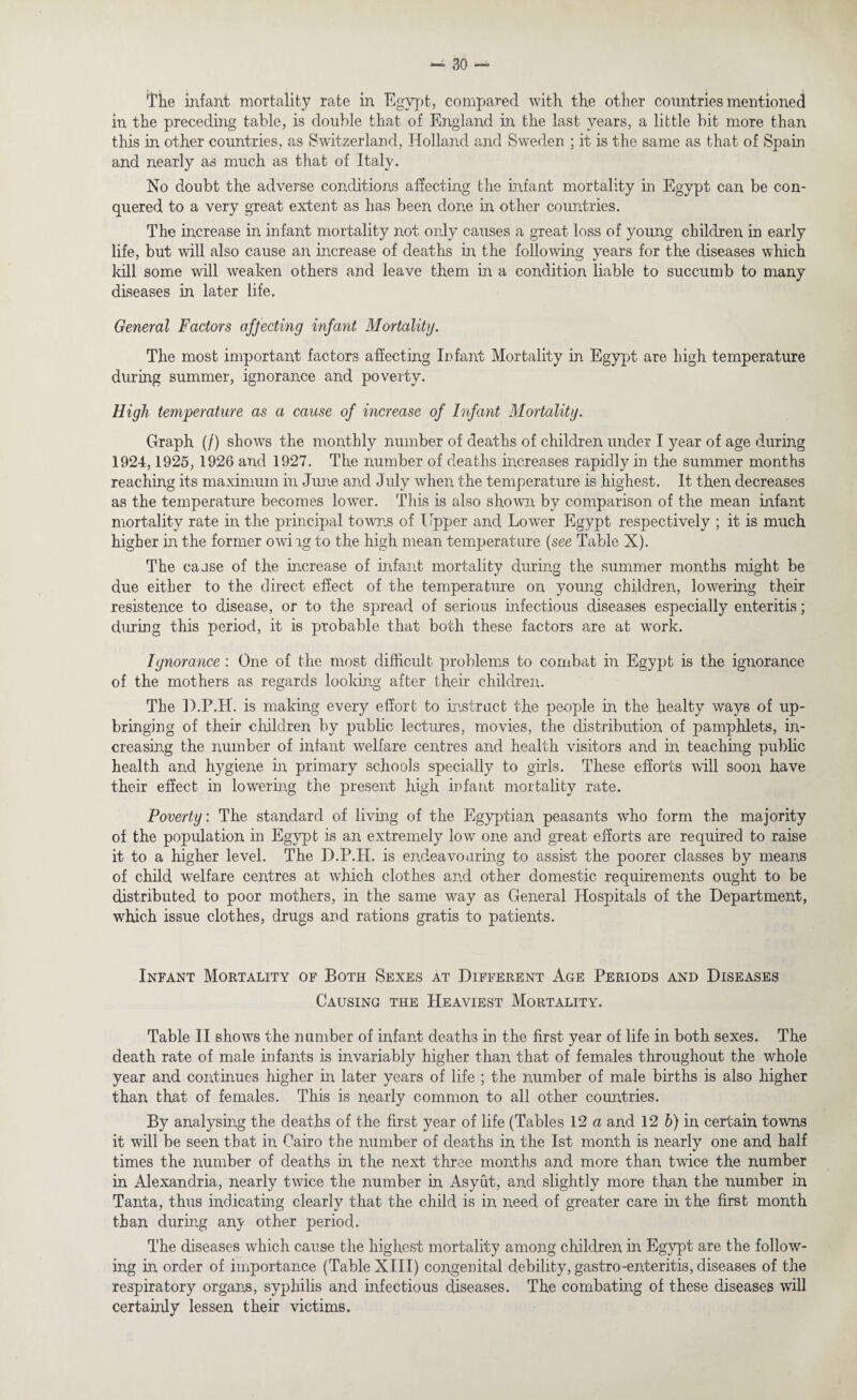 The infant mortality rate in Egypt, compared with the other countries mentioned in the preceding table, is double that of England in the last years, a little bit more than this in other countries, as Switzerland, Holland and Sweden ; it is the same as that of Spain and nearly as much as that of Italy. No doubt the adverse conditions affecting the infant mortality in Egypt can be con¬ quered to a very great extent as has been done in other countries. The increase in infant mortality not only causes a great loss of young children in early life, but will also cause an increase of deaths in the following years for the diseases which kill some will weaken others and leave them in a condition liable to succumb to many diseases in later life. General Factors affecting infant Mortality. The most important factors affecting Infant Mortality in Egypt are high temperature during summer, ignorance and poverty. High temperature as a cause of increase of Infant Mortality. Graph (/) shows the monthly number of deaths of children under I year of age during 1924,1925, 1926 and 1927. The number of deaths increases rapidly in the summer months reaching its maximum in June and July when the temperature is highest. It then decreases as the temperature becomes lower. This is also shown by comparison of the mean infant mortality rate in the principal towns of Upper and Lower Egypt respectively ; it is much higher in the former owing to the high mean temperature (see Table X). The canse of the increase of infant mortality during the summer months might be due either to the direct effect of the temperature on young children, lowering their resistence to disease, or to the spread of serious infectious diseases especially enteritis; during this period, it is probable that both these factors are at work. Ignorance : One of the most difficult problems to combat in Egypt is the ignorance of the mothers as regards looking after their children. The D.P.H. is making every effort to instruct the people in the healty ways of up¬ bringing of their children by public lectures, movies, the distribution of pamphlets, in¬ creasing the number of infant welfare centres and health visitors and in teaching public health and hygiene in primary schools specially to girls. These efforts will soon have their effect in lowering the present high infant mortality rate. Poverty. The standard of living of the Egyptian peasants who form the majority of the population in Egypt is an extremely low one and great efforts are required to raise it to a higher level. The D.P.II. is endeavouring to assist the poorer classes by means of child welfare centres at which clothes and other domestic requirements ought to be distributed to poor mothers, in the same way as General Hospitals of the Department, which issue clothes, drugs and rations gratis to patients. Infant Mortality of Both Sexes at Different Age Periods and Diseases Causing the Heaviest Mortality. Table II showrs the number of infant deaths in the first year of life in both sexes. The death rate of male infants is invariably higher than that of females throughout the whole year and continues higher in later years of life ; the number of male births is also higher than that of females. This is nearly common to all other countries. By analysing the deaths of the first year of life (Tables 12 a and 12 b) in certain towns it will be seen that in Cairo the number of deaths in the 1st month is nearly one and half times the number of deaths in the next three months and more than twice the number in Alexandria, nearly twice the number in Asyut, and slightly more than the number in Tanta, thus indicating clearly that the child is in need of greater care in the first month than during any other period.. The diseases which cause the highest mortality among children in Egypt are the follow¬ ing in order of importance (Table XIII) congenital debility, gastro-enteritis, diseases of the respiratory organs, syphilis and infectious diseases. The combating of these diseases will certainly lessen their victims.