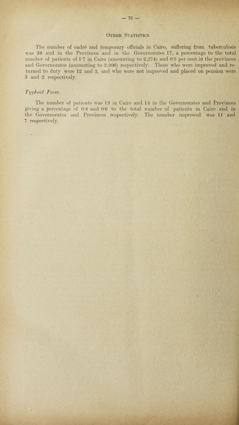 Other Statistics The number of cadre and temporary officials in Cairo, suffering from tuberculosis was 39 and in the Provinces and in the Governorates 17, a percentage to the total number of patients of T7 in Cairo (amounting to 2,274) and 0’5 per cent ill the provinces and Governorates (amounting to 2,996) respectively. Those who were improved and re¬ turned to duty were 12 and 3, and who were not improved and placed on pension were 3 and 2 respectively. Typhoid Fever. The number of patients was 19 in Cairo and 18 in the Governorates and Provinces giving a percentage of 0-8 and 0-6 to the total number of patients in Cairo and in the Governorates and Provinces respectively. The number improved was 11 and 7 respectively. N