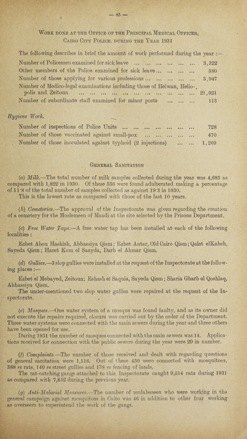 Work done at the Office of the Principal Medical Officer, Cairo City Police, during the Year 1931 The following describes in brief the amount of work performed during the year :— Number of Policemen examined for sick leave . 3,322 Other members of the Police examined for sick leave. 580 Number of those applying for various professions. 3,947 Number of Medico-legal examinations including those of Helwan, Helio-. polis and Zeitoun . .. 21,921 Number of subordinate staff examined for minor posts . 113 Hygiene Work. Number of inspections of Police Units . 728 Number of those vaccinated against small-pox . 470 Number of those inoculated against typhoid (2 injections) . 1,269 General Sanitation (a) Milk.—The total number of milk samples collected during the year was 4,683 as compared with 1,822 in 1930. Of these 556 were found adulterated making a percentage of 1 T8 of the total number of samples collected as against 19’3 in 1930. This is the lowest rate as compared with those of the last 10 years. (b) Cemeteries.—The approval of the Inspectorate was given regarding the creation of a cemetery for the Moslemeen of Maadi at the site selected by the Prisons Department. (c) Free Water Taps.—A free water tap has been installed at each of the following localities: Ezbet Abou Hashish, Abbassiya Qism; Ezbet Antar, Old Cairo QismjQalet elKabsh, Sayeda Qism; Haret Kom el Saayda, Darb el Ahmar Qism. (id) Gullies.—3 slop gullies were installed at the request of the Inspectorate at the follow¬ ing places:— t Ezbet el Mebayed, Zeitoun; Eshash el Saquia, Sayeda Qism; Sharia Gharb el Qoshlaq, Abbassiya Qism. The under-mentioned two slop water gullies were repaired at the request of the In¬ spectorate. (e) Mosques.—One water system of a mosque was found faulty, and as its owner did not execute the repairs required, closure was carried out by the order of the Department. Three water systems were connected with the main sewers during the year and three others have been opened for use. During 1931 the number of mosques connected with the main sewers was 14. Applica¬ tions received for connection with the public sewers during the year were 20 in number. (/) Complaints.—The number of those received and dealt with regarding questions of general sanitation were 1,116. Out of these 450 were connected with mosquitoes, 388 re rats, 140 re street gullies and 138 re fencing of lands. The rat-catching gangs attached to this Inspectorate caught 9,514 rats during 1931 as compared with 7,852 during the previous year. (g) Anti-Malarial Measures.—The number of mulahezeen who were working in the general campaign against mosquitoes in Cairo was 46 in addition to other four working as overseers to superintend the work of the gangs.