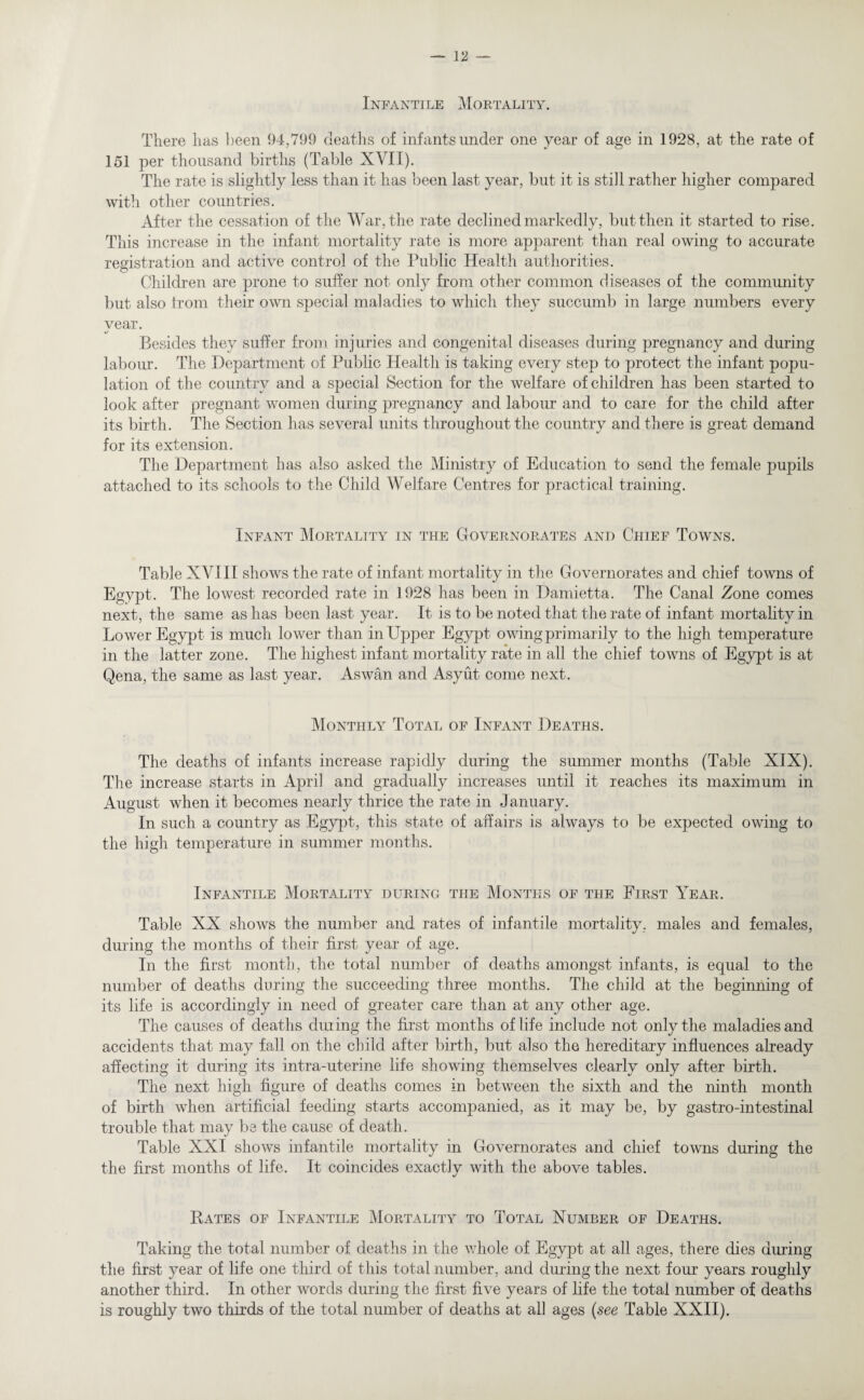 Infantile Mortality. There lias been 94,799 deaths of infants under one year of age in 1928, at the rate of 151 per thousand births (Table XVII). The rate is slightly less than it has been last year, but it is still rather higher compared with other countries. After the cessation of the War, the rate declined markedly, but then it started to rise. This increase in the infant mortality rate is more apparent than real owing to accurate registration and active control of the Public Health authorities. Children are prone to suffer not only from other common diseases of the community but also from their own special maladies to which they succumb in large numbers every vear. «/ Besides they suffer from injuries and congenital diseases during pregnancy and during labour. The Department of Public Health is taking every step to protect the infant popu¬ lation of the country and a special Section for the welfare of children has been started to look after pregnant women during pregnancy and labour and to care for the child after its birth. The Section has several units throughout the country and there is great demand for its extension. The Department has also asked the Ministry of Education to send the female pupils attached to its schools to the Child Welfare Centres for practical training. Infant Mortality in the Governorates and Chief Towns. Table XVIII shows the rate of infant mortality in the Governorates and chief towns of Egypt. The lowest recorded rate in 1928 has been in Damietta. The Canal Zone comes next, the same as has been last year. It is to be noted that the rate of infant mortality in Lower Egypt is much lower than in Upper Egypt owing primarily to the high temperature in the latter zone. The highest infant mortality rate in all the chief towns of Egypt is at Qena, the same as last year. Aswan and Asyut come next. Monthly Total of Infant Deaths. The deaths of infants increase rapidly during the summer months (Table XIX). The increase starts in April and gradually increases until it reaches its maximum in August when it becomes nearly thrice the rate in January. In such a country as Egypt, this state of affairs is always to be expected owing to the high temperature in summer months. Infantile Mortality during the Months of the First Year. Table XX shows the number and rates of infantile mortality, males and females, during the months of their first year of age. In the first month, the total number of deaths amongst infants, is equal to the number of deaths during the succeeding three months. The child at the beginning of its life is accordingly in need of greater care than at any other age. The causes of deaths during the first months of life include not only the maladies and accidents that may fall on the child after birth, but also the hereditary influences already affecting it during its intra-uterine life showing themselves clearly only after birth. The next high figure of deaths comes in between the sixth and the ninth month of birth when artificial feeding starts accompanied, as it may be, by gastro-intestinal trouble that may be the cause of death. Table XXI shows infantile mortality in Governorates and chief towns during the the first months of life. It coincides exactly with the above tables. Bates of Infantile Mortality to Total Number of Deaths. Taking the total number of deaths in the whole of Egypt at all ages, there dies during the first year of life one third of this total number, and during the next four years roughly another third. In other words during the first five years of life the total number of deaths is roughly two thirds of the total number of deaths at all ages (see Table XXII).