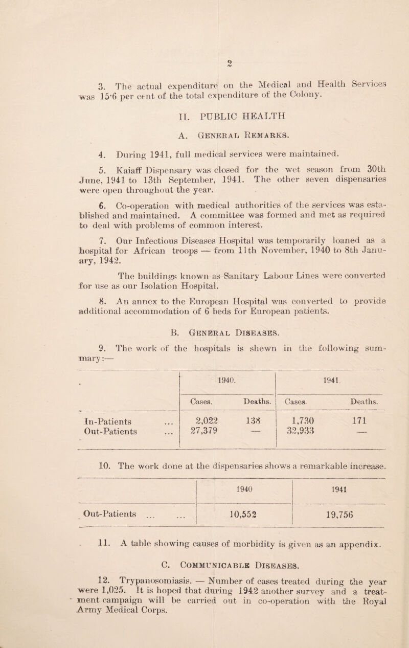 3. The actual expenditure on the Medical and Health Services was 15*6 per cent of the total expenditure of the Colony. II. PUBLIC HEALTH A. General Remarks. 4. During 1341, full medical services were maintained. 5. Kaiaff Dispensary was closed for the wet season from 30th June, 1941 to 13th September, 1941. The other seven dispensaries were open throughout the year. 6. Co-operation with medical authorities of the services was esta ¬ blished and maintained. A committee was formed and met as required to deal with problems of common interest. 7. Our Infectious Diseases Hospital was temporarily loaned as a hospital for African troops -— from 11th November, 1940 to 8th Janu ¬ ary, 1942. The buildings known as Sanitary Labour Lines were converted for use as our Isolation Hospital. 8. An annex to the European Hospital was converted to provide additional accommodation of 6 beds for European patients. B. General Diseases. 9. The work of the hospitals is shewn in the following sum¬ mary :— - 1940. 1941 Cases. Deaths. Cases. Deaths. In-Patients Out-Patients 2,022 27,379 138 1,730 32,933 171 10. The work done at the dispensaries shows a remarkable increase. 1940 1941 Out-Patients ... 10,552 19,756 11. A table showing causes of morbidity is given as an appendix. C. Communicable Diseases. 12. Trypanosomiasis. — Number of cases treated during the year were 1,025. It is hoped that during 1942 another survey and a treat ¬ ment campaign will be carried out in co-operation with, the Royal Army Medical Corps.