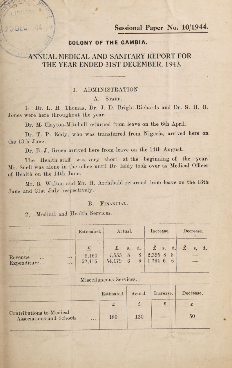 Sessional Paper No. 10/1944. COLONY OF THE GAMBIA. ANNUAL MEDICAL AND SANITARY REPORT FOR THE YEAR ENDED 31ST DECEMBER, 1943. 1. ADMINISTRATION. A. Staff. 1- Dr. L. H. Thomas, Dr. J. D. Briglit-Richards and Dr. S. H. 0. Jones were here throughout the year. Dr. M- Clayton-Mitchell returned from leave on the 6th April. Dr. T. P. Eddy, who was transferred from Nigeria, arrived here on the 13th June. Dr. B. J. Green arrived here from leave on the 14th August. The Health stah was very short at the beginning of the year. Mr. Snell was alone in the office until Dr- Eddy took over as Medical Officer of Health on the 14th June. Mr. R. Walton and Mr. H. Archibald returned from leave on the 13th June and 21st July respectively. B. Financial. 2. Medical and Health Services. ’ Estimated. Actual. Increase. Decrease. > £ £ S. d. £ S. d. £ s, d. Revenue Expenditure... 5,160 52,415 7,555 8 8 54,179 G 6 2,395 8 8 1,764 6 6 — Miscellaneous Services. Estimated. Actual, Increase. Decrease. £ £ £ £ Contributions to Medical 180 130 50 Associations and Schools