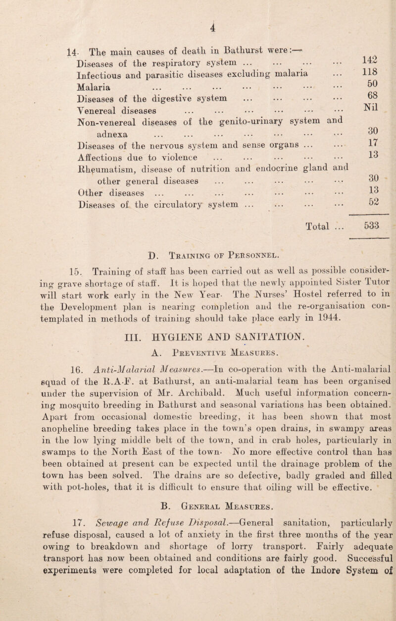 14- The main causes of death in Bathurst were:— Diseases of the respiratory system ... Infectious and parasitic diseases excluding malaria Malaria Diseases of the digestive system Venereal diseases Non-venereal diseases of the genito-urinary system and adnexa ... ... • • • • • • • • * * * * Diseases of the nervous system and sense organs ... Affections due to violence Rheumatism, disease of nutrition and endocrine gland and other general diseases Other diseases Diseases of the circulatory system ... Total ... D. Training of Personnel. 15. Training of staff has been carried out as well as possible consider¬ ing grave shortage of staff. It is hoped that the newly appointed Sister Tutor will start work early in the New Tear- The Nurses’ Hostel referred to in the Development plan is nearing completion and the re-organisation con¬ templated in methods of training should take place early in 1944. III. HYGIENE AND SANITATION. i • % A. Preventive Measures. 16. Anti-Malarial Measures.—In co-operation with the Anti-malarial squad of the R.A-E. at Bathurst, an anti-malarial team has been organised under the supervision of Mr. Archibald. Much useful information concern¬ ing mosquito breeding in Bathurst and seasonal variations has been obtained. Apart from occasional domestic breeding, it has been showrn that most anopheline breeding takes place in the town’s open drains, in swampy areas in the low lying middle belt of the town, and in crab holes, particularly in swamps to the North East of the town- No more effective control than has been obtained at present can be expected until the drainage problem of the town has been solved. The drains are so defective, badly graded and filled with pot-holes, that it is difficult to ensure that oiling will be effective. B. General Measures. 17. Sewage and Refuse Disposal.—General sanitation, particularly refuse disposal, caused a lot of anxiety in the first three months of the year owing to breakdown and shortage of lorry transport. Fairly adequate transport has now been obtained and conditions are fairly good. Successful experiments were completed for local adaptation of the Indore System of 142 118 50 68 Nil 30 17 13 30 13 52 533