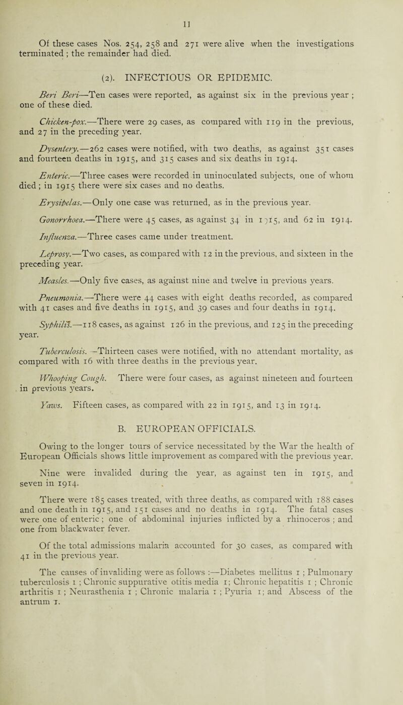 Of these cases Nos. 254, 258 and 271 were alive when the investigations terminated ; the remainder had died. (2). INFECTIOUS OR EPIDEMIC. Beri Beri—Ten cases were reported, as against six in the previous year ; one of these died. Chicken-pox.—There were 29 cases, as compared with 119 in the previous, and 27 in the preceding year. Dysentery.—262 cases were notified, with two deaths, as against 351 cases and fourteen deaths in 1915, and 315 cases and six deaths in 1914. Enteric.—Three cases were recorded in uninoculated subjects, one of whom died; in 1915 there were six cases and no deaths. Erysipelas.—Only one case was returned, as in the previous year. Gonorrhoea.—There were 45 cases, as against 34 in 1715, and 62 in 1914. Influenza.—Three cases came under treatment. Leprosy.—Two cases, as compared with 12 in the previous, and sixteen in the preceding year. Measles.—Only five cases, as against nine and twelve in previous years. Pneumonia.—-There were 44 cases with eight deaths recorded, as compared with 41 cases and five deaths in 1915, and 39 cases and four deaths in 1914. Syphilis.—118 cases, as against 126 in the previous, and 125 in the preceding year. Tuberculosis. —Thirteen cases were notified, with no attendant mortality, as compared with 16 with three deaths in the previous year. Whooping Cough. There were four cases, as against nineteen and fourteen in previous years. Yaivs. Fifteen cases, as compared with 22 in 1915, and 13 in 1914. B. EUROPEAN OFFICIALS. Owing to the longer tours of service necessitated by the War the health of European Officials shows little improvement as compared with the previous year. Nine were invalided during the year, as against ten in 1915, and seven in 1914. There were 185 cases treated, with three deaths, as compared with 188 cases and one death in 1915, and 151 cases and no deaths in 1914. The fatal cases were one of enteric ; one of abdominal injuries inflicted by a rhinoceros ; and one from blackwater fever. Of the total admissions malaria accounted for 30 cases, as compared with 41 in the previous year. The causes of invaliding were as follows :—Diabetes mellitus 1 ; Pulmonary tuberculosis 1 ; Chronic suppurative otitis media 1; Chronic hepatitis 1 ; Chronic arthritis 1 ; Neurasthenia 1 ; Chronic malaria 1 ; Pyuria 1; and Abscess of the antrum i.