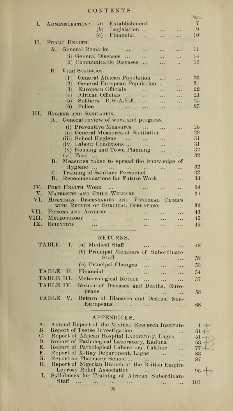 CONTENTS. I. Administration (a) Establishment (b) Legislation ... (c) Financial II. Public Health. A . General Remarks (ij General Diseases ... . (. (ii) Communicable Diseases ... B. Vital Statistics. (1) General African Population (2) General European Population ... (31 European Officials (4) African Officials ... (5) Soldiers—R.W.A.F.F. (6) Police III. Hygiene and Sanitation. A. General review of work and progress. (i) Preventive Measures (ii) General Measures of Sanitation (iii) School Hygiene ... ... ... ... (iv) Labour Conditions ... (v) Housing and Town Planning (vi) Food ... B. Measures taken to spread the knowledge of Hygiene ... C. Training of Sanitary Personnel D. Recommendations for Future Work ... Pa^e. 7 9 10 11 14 10 20 21 22 24 25 25 25 29 31 31 32 32 32 32 33 IV. Port Health Work V. Maternity and Child Welfare . VI. Hospitals, Dispensaries and Venereal Clinics with Return of Surgical Operations VII. Prisons and Asylums ... VIII. Meteorology IX. Scientific 34 31 36 43 45 45 RETURNS. TABLE I. (a) Medical Staff 48 (b) Principal Members of Subordinate Staff 52 (c) Principal Changes 53 TABLE II. Financial 54 TABLE III. Meteorological Return ... 57 TABLE IV. Return of Diseases and Deaths, Euro- peans . 58 TABLE V. Return of Diseases and Deaths, Non- Europeans 68 APPENDICES. A. Annual Report of the Medical Research Institute B. Report of Tsetse Investigation C. Report of African Hospital Laboratory, Lagos ... D. Report of Pathological Laboratory, Kaduna E. Report of Pathological Laboratory, Calabar F. Report of X-Ray Department, Lagos G. Report on Pharmacy School ... H. Report of Nigerian Branch of the British Empire Leprosy Relief Association I. Syllabuses for Training of African Subordinate Staff . 1 -r 31 i5* 83 87 95 — 101