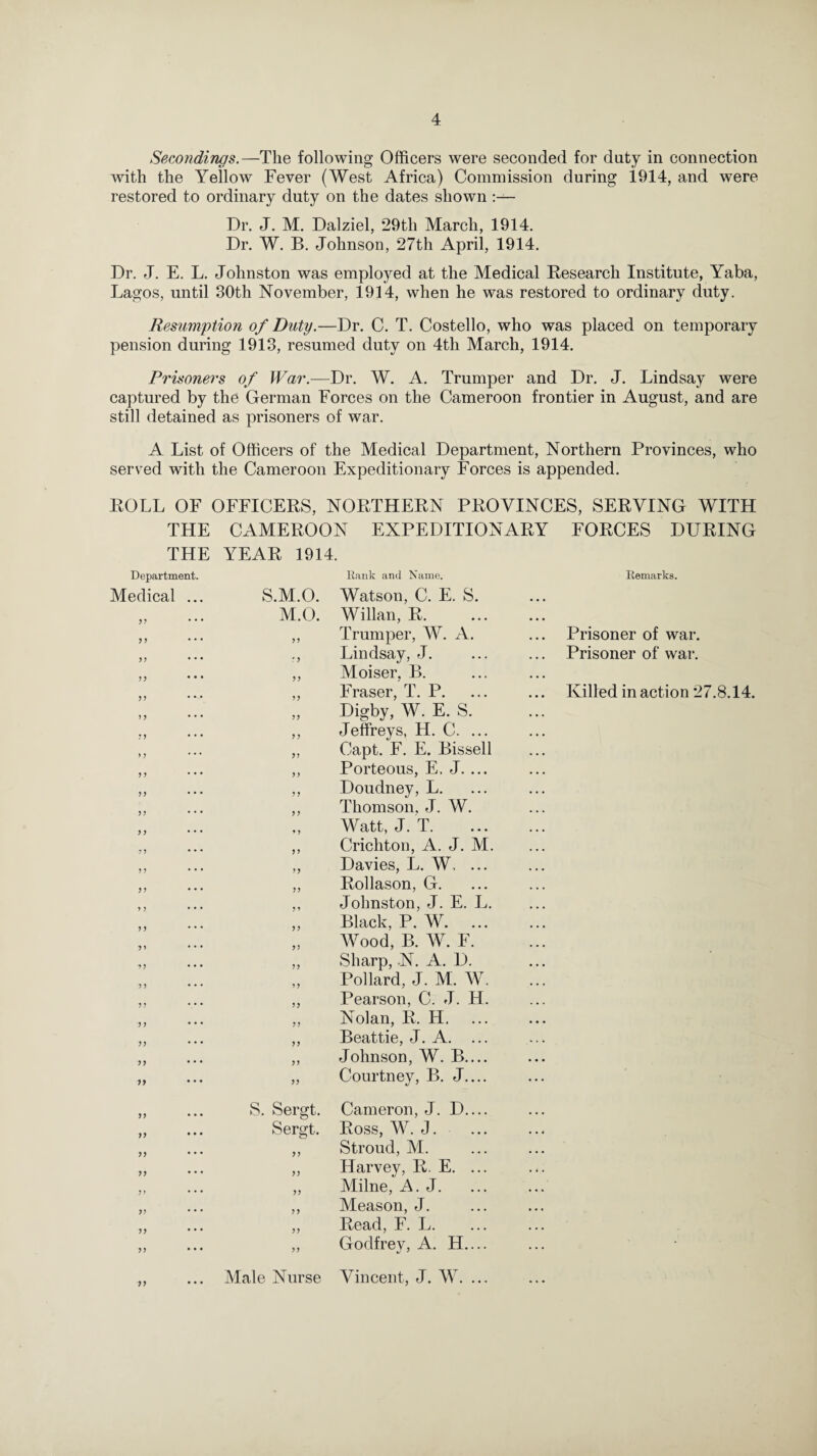 Secondings.—The following Officers were seconded for duty in connection with the Yellow Fever (West Africa) Commission during 1914, and were restored to ordinary duty on the dates shown Dr. J. M. Dalziel, 29th March, 1914. Dr. W. B. Johnson, 27th April, 1914. Dr. J. E. L. Johnston was employed at the Medical Research Institute, Yaba, Lagos, until 30th November, 1914, when he was restored to ordinary duty. Resumption of Duty.—Dr. C. T. Costello, who was placed on temporary pension during 1913, resumed duty on 4th March, 1914. Prisoners of War.—Dr. W. A. Trumper and Dr. J. Lindsay were captured by the German Forces on the Cameroon frontier in August, and are still detained as prisoners of war. A List of Officers of the Medical Department, Northern Provinces, who served with the Cameroon Expeditionary Forces is appended. ROLL OF OFFICERS, NORTHERN PROVINCES, SERVING WITH THE CAMEROON EXPEDITIONARY FORCES DURING THE YEAR 1914. Department. Medical 99 9 9 9 9 99 99 99 99 99 99 99 99 99 S.M.O. M.O. ' 9 99 Rank and Name. Watson, C. E. S. Willan, R. Trumper, W. A. Lindsay, J. Moiser, B. Fraser, T. P. Digby, W. E. S. Jeffreys, H. C. ... Capt. F. E. Bissell Porteous, E, J. ... Doudney, L. Thomson, J. W. Watt, J. T. Crichton, A. J. M. Davies, L. W, ... Rollason, G. Johnston, J. E. L. Black, P. W. Wood, B. W. F. Sharp, N. A. D. Pollard, J. M. W Pearson, C. J. H Nolan, R. H. Beattie, J. A. Johnson, W. B. Courtney, B. J. Cameron, J. D. Ross, W. J. Stroud, M. Harvey, R. E. Milne, A. J. Meason, J. ,, Read, F. L. ,, Godfrey, A. H. Male Nurse Vincent, J. W. Remarks. 99 99 S. Sergt. Serst. 99 99 Prisoner of war. Prisoner of war. Killed in action 27.8.14. 99