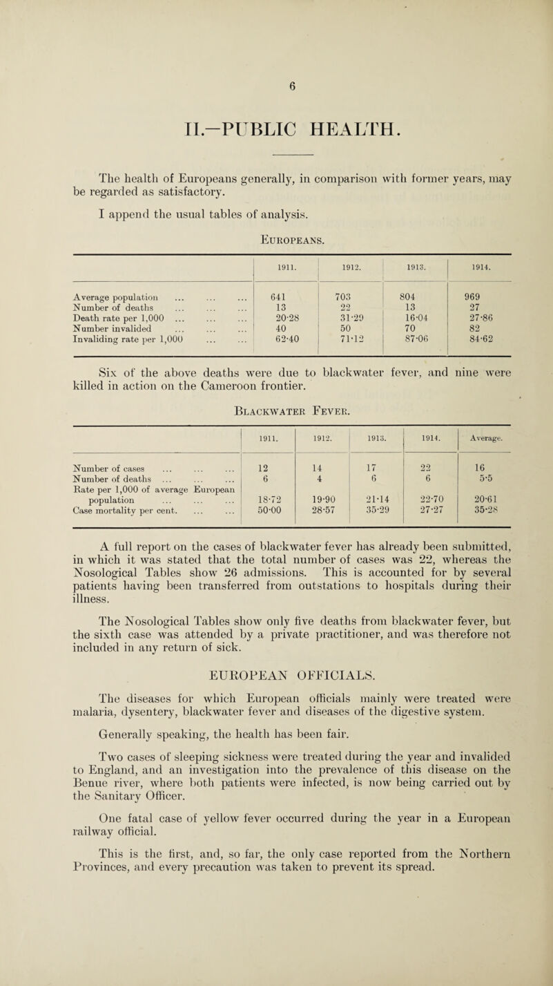 II.—PUBLIC HEALTH. The health of Europeans generally, in comparison with former years, may be regarded as satisfactory. I append the usual tables of analysis. Europeans. 1911. 1912. 1913. 1914. Average population 641 703 804 969 Number of deaths 13 22 13 27 Death rate per 1,000 20-28 31-29 16-04 27-86 Number invalided 40 50 70 82 Invaliding rate per 1,000 62-40 7M2 87-06 84-62 Six of the above deaths were due to blackwater fever, and nine were killed in action on the Cameroon frontier. Blackwater Fever. 1911. 1912. 1913. 1914. Average. Number of cases 12 14 17 22 16 Number of deaths 6 4 6 6 5-5 Rate per 1,000 of average European population 18-72 19-90 21-14 22-70 20-61 Case mortality per cent. 50-00 28-57 35-29 27-27 35-28 A full report on the cases of blackwater fever has already been submitted, in which it was stated that the total number of cases was 22, whereas the Nosological Tables show 26 admissions. This is accounted for by several patients having been transferred from outstations to hospitals during their illness. The Nosological Tables show only five deaths from blackwater fever, but the sixth case was attended by a private practitioner, and was therefore not included in any return of sick. EUROPEAN OFFICIALS. The diseases for which European officials mainly were treated were malaria, dysentery, blackwater fever and diseases of the digestive system. Generally speaking, the health has been fair. Two cases of sleeping sickness were treated during the year and invalided to England, and an investigation into the prevalence of this disease on the Benue river, where both patients were infected, is now being carried out by the Sanitary Officer. One fatal case of yellow fever occurred during the year in a European railway official. This is the first, and, so far, the only case reported from the Northern Provinces, and every precaution was taken to prevent its spread.