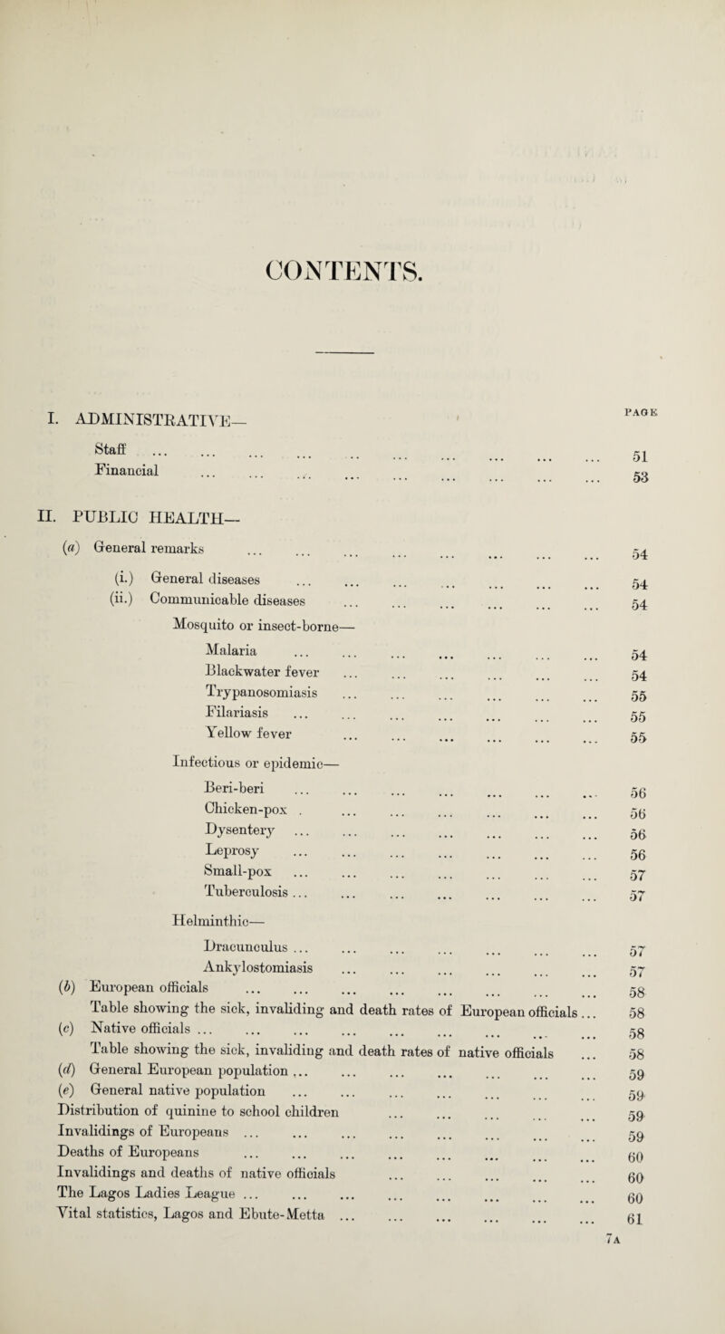 CONTENTS. I. ADMINISTRATIVE— I PAGK Staff . ••• ••• ••• 51 Financial ... 53 II. PUBLIC HEALTH— (a) General remarks 54 (i.) Greneral diseases 54 (ii.) Communicable diseases . 54 Mosquito or insect-borne— Malaria • • • * • . ••• 54 Blackwater fever 54 Trypanosomiasis ... ••• ••• 55 Filariasis 55 Yellow fever ••• ••• •». 55 Infectious or epidemic— Beri-beri ••• • « - 56 Oliicken-pox . ... ••• ••• 56 Dysentery 5t> Leprosy 56 Small-pox 57 Tuberculosis ... ••• ••• ... 57 Helminthic— Dracunculus ... 57 Ankylostomiasis 57 (b) European officials 58 Table showing the sick, invaliding and death rates of European officials ... 58 (c) Native officials ... • • • . •* • • • 58 Table showing the sick, invaliding and death rates of native officials 58 (d) General European population ,.. 59 (e) General native population 59 Distribution of quinine to school children . 59 Invalidings of Europeans ... 59 Deaths of Europeans ••• •• • • • . 60 Invalidings and deaths of native officials •• • ••• ... 60 The Lagos Ladies League ... ••• ••• ••• 60 Vital statistics, Lagos and Ebute-Metta ... ••• ••• ... 61 7a