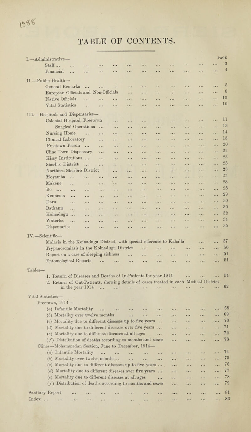 TABLE OF CONTENTS. I.—Administrative— Staff... Financial PAGE 3 , 4 II. —Public Health— General Remarks European Officials and Non-Officials Native Officials Vital Statistics III. —Hospitals and Dispensaries— Colonial Hospital, Freetown ... ... . Surgical Operations Nursing Home Clinical Laboratory Freetown Prison Cline Town Dispensary Kissy Institutions ... Sherbro District Northern Sherbro District Moyamba Makene Bo ... ••• ... ... ••• ••• ••• ••• Kennema Daru Batkanu Koinadugu ... Waterloo Dispensaries IV. —Scientific— Malaria in the Koinadugu District, with special reference to Kaballa Trypanosomiasis in the Koinadugu District Report on a case of sleeping sickness Entomological Reports ... ... ... ... ... ... 5 8 10 10 11 13 14 15 20 22 23 25 26 27 28 28 29 30 30 32 34 35 37 50 51 51 Tables— 1. Return of Diseases and Deaths of In-Patients for year 1914 ... ... ... 54 2. Return of Out-Patients, showing details of cases treated in each Medical District in the year 1914 ... ... ... ... ... ... ••• ••• ••• 62 Vital Statistics—• Freetown, 1914— (а) Infantile Mortality (б) Mortality over twelve months (c) Mortality due to different diseases up to five years ... (d) Mortality due to different diseases over five years ... (e) Mortality due to different diseases at all ages ( f) Distribution of deaths according to months and sexes Clines—Mohammedan Section, June to December, 1914— (a) Infantile Mortality (b) Mortality over twelve months... (c) Mortality due to different diseases up to five years ... (d) Mortality due to different diseases over five years ... (e) Mortality due to different diseases at all ages (/) Distribution of deaths according to months and sexes 68 69 70 71 72 73 74 75 76 77 78 79 ••V • 81 83 Sanitary Report Index ...