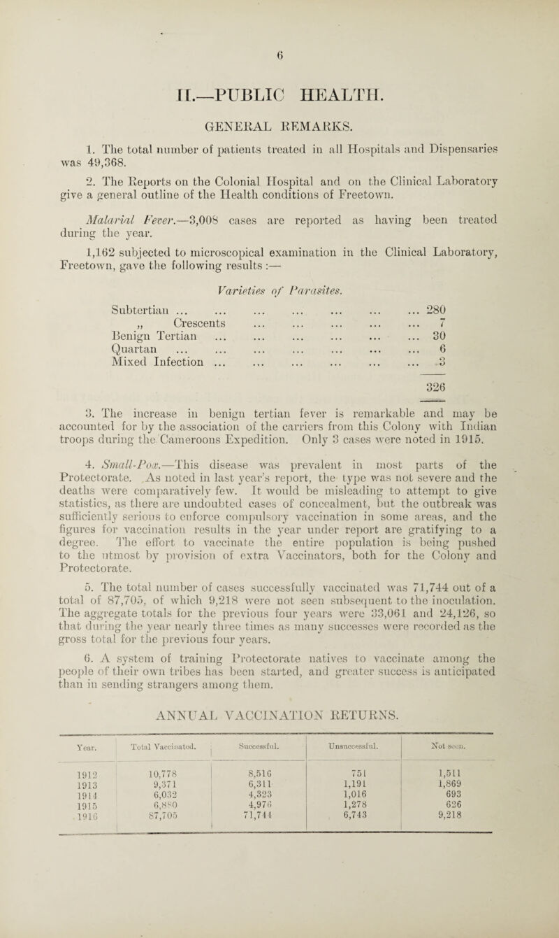 II.—PUBLIC HEALTH. GENERAL REMARKS. 1. The total number of patients treated in all Hospitals and Dispensaries was 49,368. 2. The Reports on the Colonial Hospital and on the Clinical Laboratory give a general outline of the Health conditions of Freetown. Malarial Fever.—3,008 cases are reported as having been treated during the year. 1,162 subjected to microscopical examination in the Clinical Laboratory, Freetown, gave the following results :— Varieties of Parasites. Subtertian ... „ Crescents Benign Tertian Quartan Mixed Infection ... .. 280 .. i .. 30 6 O • • o 326 3. The increase in benign tertian fever is remarkable and may be accounted for by the association of the carriers from this Colony with Indian troops during the Cameroons Expedition. Only 3 cases were noted in 1915. 4. Small-Pox.—This disease was prevalent in most parts of the Protectorate. As noted in last year’s report, the type was not severe and the deaths were comparatively few. It would be misleading to attempt to give statistics, as there are undoubted cases of concealment, but the outbreak was sufficiently serious to enforce compulsory vaccination in some areas, and the figures for vaccination results in the year under report are gratifying to a degree. The effort to vaccinate the entire population is being pushed to the utmost by provision of extra Vaccinators, both for the Colony and Protectorate. 5. The total number of cases successfully vaccinated was 71,744 out of a total of 87,705, of which 9,218 were not seen subsequent to the inoculation. The aggregate totals for the previous four years were 33,061 and 24,126, so that during the year nearly three times as many successes were recorded as the gross total for the previous four years. 6. A system of training Protectorate natives to vaccinate among the people of their own tribes has been started, and greater success is anticipated than in sending strangers among them. ANNUAL VACCINATION RETURNS. Year. Total Vaccinated. Successful. Unsuccessful. Not soon. 1912 10,778 8,516 75 L 1,511 1913 9,371 6,311 1,191 1,869 1914 6,032 4,323 1,016 693 1915 6,880 4,976 1,278 626 1916 87,705 71,744 6,743 9,218