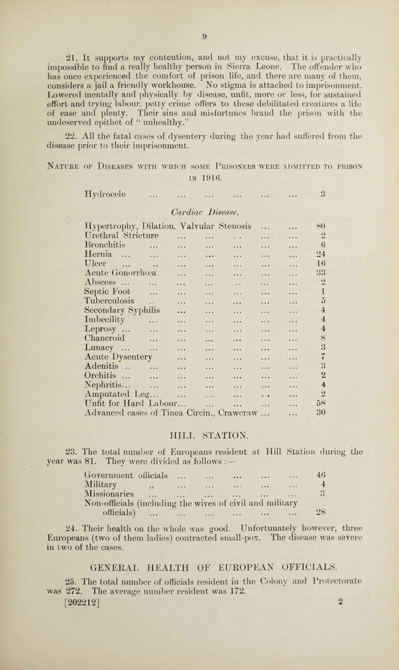 21. It supports my contention, and not my excuse, that it is practically impossible to find a really healthy person in Sierra Leone. The offender who has once experienced the comfort of prison life, and there are many of them, considers a jail a friendly workhouse. No stigma is attached to imprisonment. Lowered mentally and physically by disease, unfit, more or less, for sustained effort and trying labour, petty crime offers to these debilitated creatures a life of ease and plenty. Their sins and misfortunes brand the prison with the undeserved epithet of “ unhealthy.” 22. All the fatal cases of dysentery during the year had suffered from the disease prior to their imprisonment. Nature of Diseases with which some Prisoners were admitted to prison in 1916. Hy drocele O O Cardiac Disease. 1 lypertrophy, Dilation, Urethral Stricture Bronchitis Hernia ... Ulcer Acute Gonorrhoea Valvular Stenosis Abscess ... Septic Foot Tuberculosis Secondary Syphilis Imbecility Leprosy ... Chancroid Lunacy ... Acute Dysentery Adenitis ... Orchitis ... Nephritis... Amputated Leg... Unfit for Hard Labour Advanced cases of Tinea Circin., Crawcraw 80 2 6 24 16 33 2 1 5 4 4 4 8 3 7 o o 2 4 2 58 30 HILL STATION. 23. year was The total number of Europeans resident at Hill Station during the 81. They were divided as follows : — Government officials ••• ••• ••• ••• ••• 46 Military ,, • •• ••• ••• • •» ••• 4 Missionaries , • • ••• ••• ••• ••• O o Non-officials (including the wives of civil and military officials) ... ••• ••• ••• ••• 28 24. Their health on the whole was good. Unfortunately however, three Europeans (two of them ladies) contracted small-pox. The disease was severe in two of the cases. GENERAL HEALTH OF EUROPEAN OFFICIALS. 25. The total number of officials resident in the Colony and Protectorate was 272. The average number resident was 172. [202212] 2