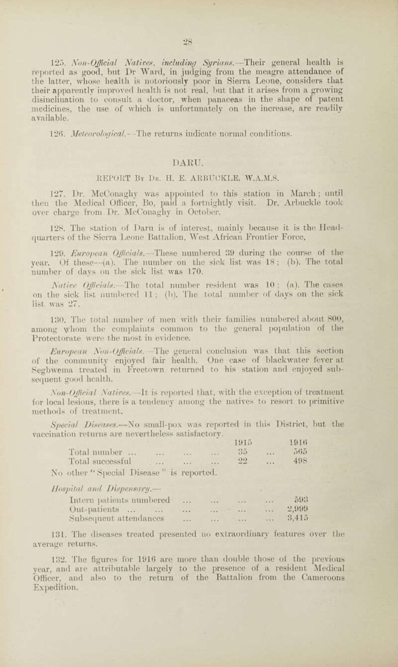 12.'). Son-Official Natives, including Syrians.—Their general health is reported as good, but I)r Ward, in judging from the meagre attendance of the latter, whose health is notoriously poor in Sierra Leone, considers that their apparently improved health is not real, but that it arises from a growing disinclination to consult a doctor, when panaceas in the shape of patent medicines, the use of which is unfortunately on the increase, are readily available. 126. Meteorological.- The returns indicate normal conditions. BAKU. EEPOltT By Dr. H. E. All BUCKLE, W.AAf.S. 127. Dr. McConaghy was appointed to this station in March ; until then the Medical Officer, Bo, paid a. fortnightly visit. Dr. Arbuckle took over charge from Dr. McConaghy in October. O O *J 128. The station of Darn is of interest, mainly because it is the Head¬ quarters of the Sierra Leone Battalion, West African Frontier Force. 129. European Officials.—These numbered 39 during the course of the year. Of these—(a). The number on the sick list was 18 ; (b). The total number of days on the sick list was 170. Native Officials.—The total number resident was 10 : (a). The cases on the sick list numbered 11; (b). The total number of days on the sick list was 27. 130. The total number of men with their families numbered about 800, among whom the complaints common to the general population of the Protectorate were the most in evidence. European Non-Officials. -The general conclusion was that this section of the community enjoyed fair health. One case of blackwater fever at Segbwema treated in Freetown returned to his station and enjoyed sub¬ sequent good health. Non-Official Natives.—It is reported that, with the exception of treatment for local lesions, there is a tendency among the natives to resort to primitive methods of treatment. Special Diseases.—No small-pox was reported in this District, but the vaccination returns are nevertheless satisfactory. 1915 1916 Total number ... ... ... ... 35 ... 565 Total successful ... ... ... 22 ... 498 No other “ Special Disease ” is reported. Hospital and Dispensary.-— Intern patients numbered Out-patients ... Subsequent attendances 593 2,999 3,415 131. The diseases treated presented no extraordinary features over the average returns. 132. The figures for 1916 are more than double those of the previous year, and are attributable largely to the presence of a resident Medical Officer, and also to the return of the Battalion from the Cameroons Expedition.