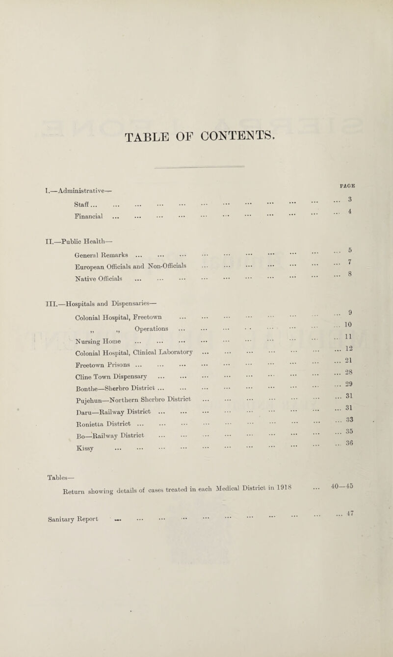 TABLE OF CONTENTS I. —Administrative— Staff. Financial II. —Public Health— General Remarks European Officials and Non-Officials Native Officials III. —Hospitals and Dispensaries— Colonial Hospital, Freetown Operations Nursing Home Colonial Hospital, Clinical Laboratory Freetown Prisons ... Cline Town Dispensary . Bonthe—Sherbro District. Pujehun—Northern Sherbro District Daru—Railway District Ronietta District ... Bo—Railway District Kissy Tables— Return showing details of cases treated in Sanitary Report PAGE ,, • ••• ••• ... ... 3 ,, ••• ••• •• • • • ' ... 4 .. ••• ••• ••• ... 5 .. ••• ••• ••• • • • ... ... 7 ••• ••• ••• ••• . . . ... 8 ... 9 . • • . . . ... 10 • • • • • . ... 11 . . . ... 12 , , , . . . ... 21 ... ... . . . ••• ... ... 28 ... ... . • . ... 29 . . . . . • ... 31 ... ... 31 ... . . . ... ... 33 ... . •. • • • . . . ... 35 ... ... 36 xch Medical District in 1918 ... 40—45 ... 47