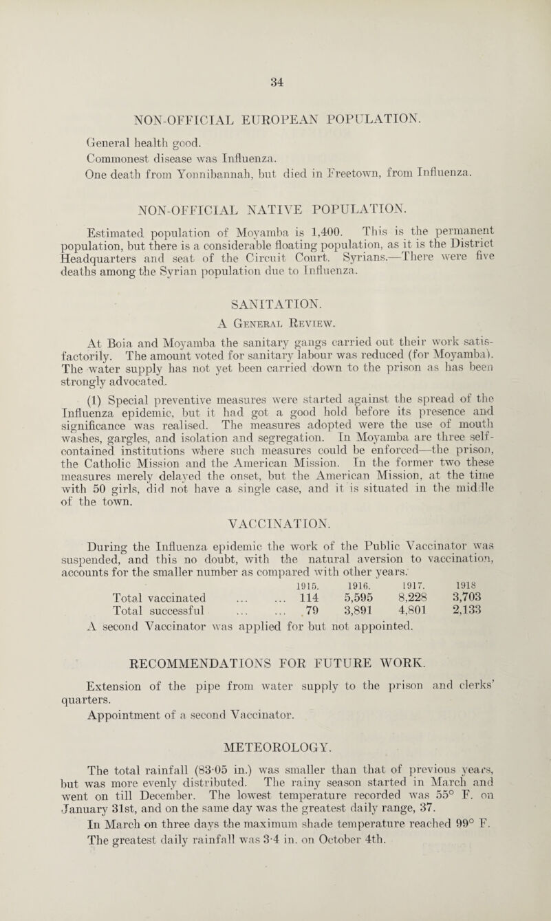 NON-OFFICIAL EUROPEAN POPULATION. General health good. Commonest disease was Influenza. One death from Yonnibannah, but died in Freetown, from Influenza. NON-OFFICIAL NATIVE POPULATION. Estimated population of Moyamba is 1,400. This is the permanent population, but there is a considerable floating population, as it is the District Headquarters and seat of the Circuit Court. Syrians.—There were five deaths among the Syrian population due to Influenza. SANITATION. A General Review. At Boia and Moyamba the sanitary gangs carried out their work satis¬ factorily. The amount voted for sanitary labour was reduced (for Moyamba). The water supply has not yet been carried down to the prison as has been strongly advocated. (1) Special preventive measures were started against the spread of the Influenza epidemic, but it had got a good hold before its presence and significance was realised. The measures adopted were the use of mouth washes, gargles, and isolation and segregation. In Moyamba are three self- contained institutions where such measures could be enforced—the prison, the Catholic Mission and the American Mission. In the former two these measures merely delayed the onset, but the American Mission, at the time with 50 girls, did not have a single case, and it is situated in the middle of the town. VACCINATION. During the Influenza epidemic the Avork of the Public Vaccinator was suspended, and this no doubt, with the natural aversion to vaccination, accounts for the smaller number as compared Avith other years. 1915. 1916. 1917. 1918 Total vaccinated ... ... 114 5,595 8,228 3,703 Total successful ... ... ,79 3,891 4,801 2,133 A second Vaccinator was applied for but not appointed. RECOMMENDATIONS FOR FUTURE WORK. Extension of the pipe from Avater supply to the prison and clerks’ quarters. Appointment of a second Vaccinator. METEOROLOGY. The total rainfall (83-05 in.) was smaller than that of previous years, but was more evenly distributed. The rainy season started in March and \\Tent on till December. The lowest temperature recorded Avas 55° F. on January 31st, and on the same day Avas the greatest daily range, 37. In March on three days the maximum shade temperature reached 99° F. The greatest daily rainfall was 3-4 in. on October 4th.