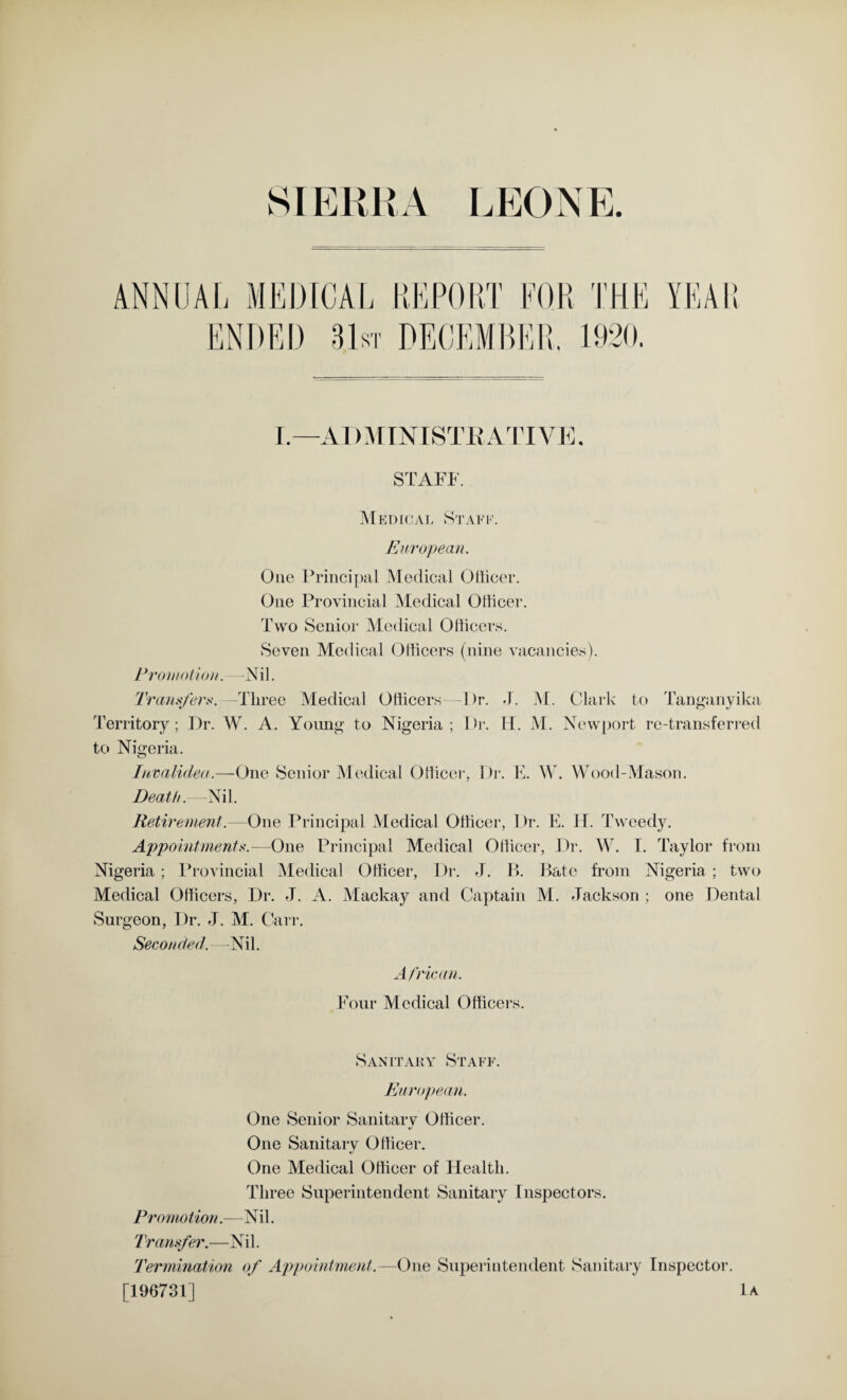 STAFF. Medical Staff. European. One Principal Medical Officer. One Provincial Medical Officer. Two Senior Medical Officers. Seven Medical Officers (nine vacancies). Promotion.—-Nil. Transfers.—Three Medical Officers Dr. Territory; Dr. W. A. Young' to Nigeria; Dr. to Nigeria. J. M. Clark to Tanganyika H. M. Newport re-transferred Invalided.—One Senior Medical Officer, Dr. E. W. Wood-Mason. Death.—Nil. Retirement.—One Principal Medical Officer, Dr. E. H. Tweedy. Appointments.—One Principal Medical Officer, Dr. W. I. Taylor from Nigeria ; Provincial Medical Officer, Dr. J. B. Bate from Nigeria; two Medical Officers, Dr. J. A. Mackay and Captain M. Jackson ; one Dental Surgeon, Dr. J. M. Carr. Seconded.— Nil. African. Four Medical Officers. Sanitary Staff. European. One Senior Sanitary Officer. «/ One Sanitary Officer. One Medical Officer of Health. Three Superintendent Sanitary Inspectors. Promotion.—Nil. Transfer.—N i 1. Termination of Appointment.—One Superintendent Sanitary Inspector. [196731] 1a
