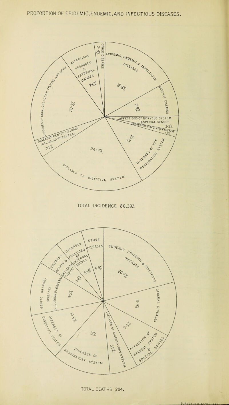 PROPORTION OF EPIDEMIC,ENDEMIC,AND INFECTIOUS DISEASES. TOTAL INCIDENCE 88,387. TOTAL DEATHS 284. SURVEY