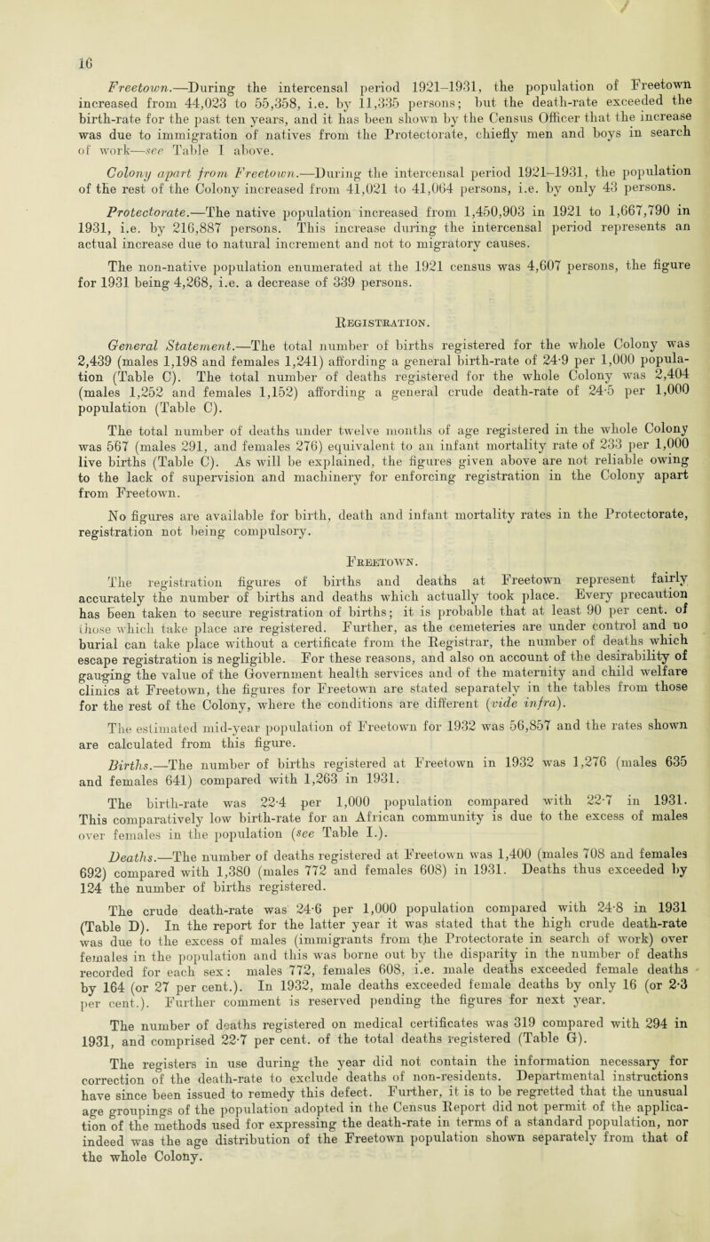 Freetown.—During the intercensal period 1921—1931, the population of Freetown increased from 44,023 to 55,358, i.e. by 11,335 persons; but the death-rate exceeded the birth-rate for the past ten years, and it has been shown by the Census Officer that the increase was due to immigration of natives from the Protectorate, chiefly men and boys in search of work—see Table I above. Colony apart from Freetown.—During the intercensal period 1921—1931, the population of the rest of the Colony increased from 41,021 to 41,064 persons, i.e. by only 43 persons. Protectorate.—The native population increased from 1,450,903 in 1921 to 1,667,790 in 1931, i.e. by 216,887 persons. This increase during the intercensal period represents an actual increase due to natural increment and not to migratory causes. The non-native population enumerated at the 1921 census was 4,607 persons, the figure for 1931 being 4,268, i.e. a decrease of 339 persons. Registration. General Statement.—The total number of births registered for the whole Colony was 2,439 (males 1,198 and females 1,241) affording a general birth-rate of 24-9 per 1,000 popula¬ tion (Table C). The total number of deaths registered for the whole Colony was 2,404 (males 1,252 and females 1,152) affording a general crude death-rate of 24-5 per 1,000 population (Table C). The total number of deaths under twelve months of age registered in the whole Colony was 567 (males 291, and females 276) equivalent to an infant mortality rate of 233 per 1,000 live births (Table C). As will be explained, the figures given above are not reliable owing to the lack of supervision and machinery for enforcing registration in the Colony apart from Freetown. No figures are available for birth, death and infant mortality rates in the Protectorate, registration not being compulsory. Freetown. The registration figures of births and deaths at Freetown represent fairly accurately the number of births and deaths which actually took place. Fvery precaution has been taken to secure registration of births; it is probable that at least 90 per cent, of those which take place are registered. Further, as the cemeteries are under control and no burial can take place without a certificate from the Registrar, the number of deaths which escape registration is negligible. For these reasons, and also on account of the desirability of gauging the value of the Government health services and of the maternity and child welfare clinics at Freetown, the figures for Freetown are stated separately in the tables from those for the rest of the Colony, where the conditions are different {vide infra). The estimated mid-year population of Freetown for 1932 was 56,857 and the rates shown are calculated from this figure. Births._The number of births registered at Freetown in 1932 was J ,276 (males 635 and females 641) compared with 1,263 in 1931. The birth-rate was 22-4 per 1,000 population compared with 22-7 in 1931. This comparatively low birth-rate for an African community is due to the excess of males over females in the population {see Table I.). Deaths.—The number of deaths registered at Freetown was 1,400 (males 708 and females 692) compared with 1,380 (males 772 and females 608) in 1931. Deaths thus exceeded by 124 the number of births registered. The crude death-rate was 24-6 per 1,000 population compared with 24-8 in 1931 (Table D). In the report for the latter year it was stated that the high crude death-rate was due to the excess of males (immigrants from the Protectorate in search of work) over females in the population and this was borne out by the disparity in the number of deaths recorded for each sex: males 772, females 608, i.e. male deaths exceeded female deaths by 164 (or 27 per cent.). In 1932, male deaths exceeded female deaths by only 16 (or 2-3 per cent.). Further comment is reserved pending the figures for next year. The number of deaths registered on medical certificates was 319 compared with 294 in 1931, and comprised 22-7 per cent, of the total deaths registered (Table G). The registers in use during the year did not contain the information necessary for correction of the death-rate to exclude deaths of non-residents. Departmental instructions have since been issued to remedy this defect. Further, it is to be regretted that the unusual age groupings of the population adopted in the Census Report did not permit of the applica¬ tion of the methods used for expressing the death-rate in terms of a standard population, nor indeed was the age distribution of the Freetown population shown separately from that of the whole Colony.