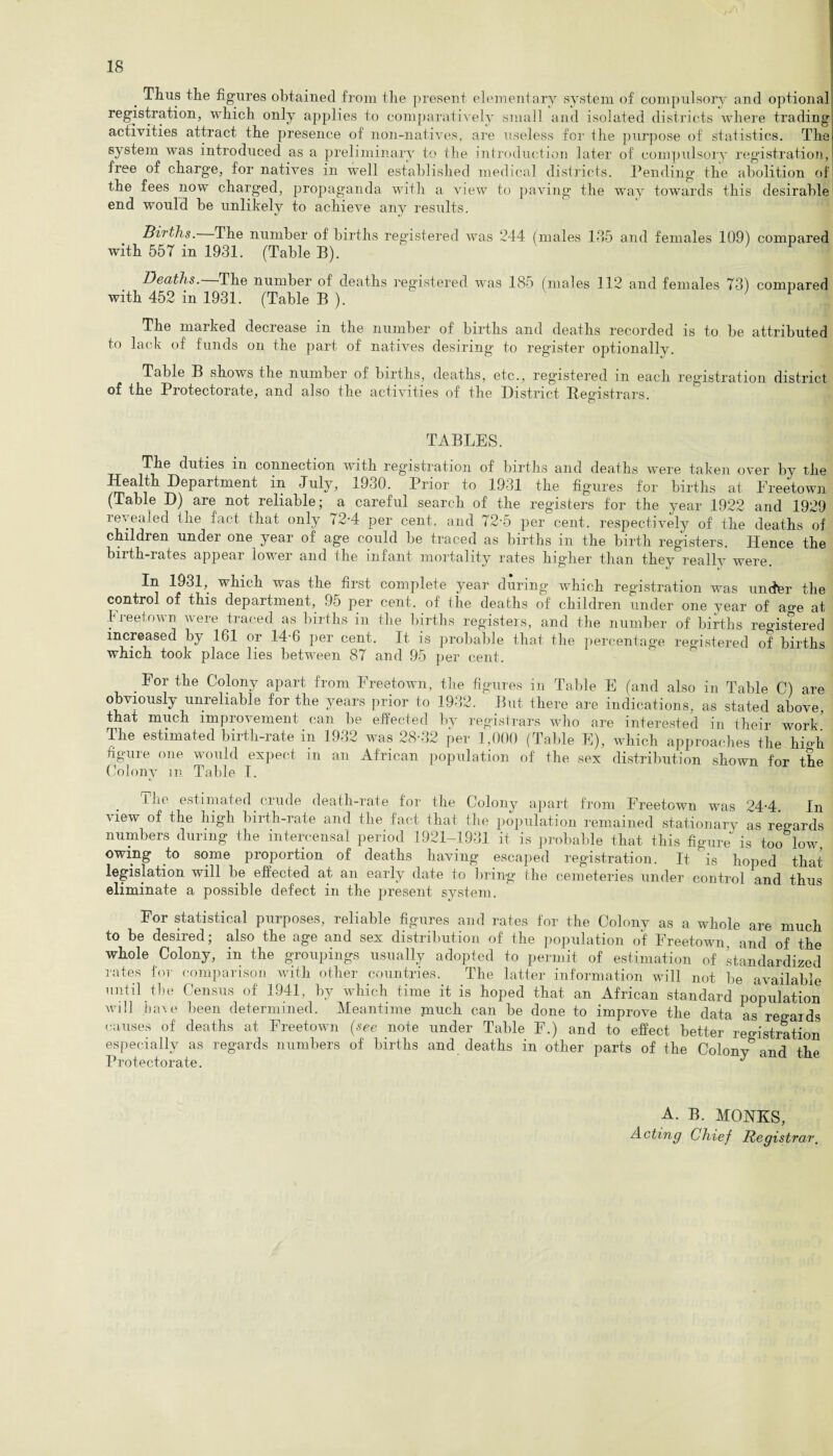 _ Thus the figures obtained from the present elementary system of compulsory and optional registration, which only applies to comparatively small and isolated districts where trading activities attract the presence of non-natives, are useless for the purpose of statistics. The system was introduced as a preliminary to the introduction later of compulsory registration, free of charge, for natives in well established medical districts. Pending the abolition of the fees now charged, propaganda with a view to paving the way towards this desirable end would be unlikely to achieve any results. Births. The number of births registered was 244 (males 185 and females 109) compared with 557 in 1931. (Table B). Deaths. The number of deaths registered was 185 (males 112 and females 73) compared with 452 in 1931. (Table B ). The marked decrease in the number of births and deaths recorded is to be attributed to lack of funds on the part of natives desiring to register optionally. Table B shows the number of births, deaths, etc., regustered m each registration district of the Protectorate, and also the activities of the District Reeistrars c*> * TABLES. The duties in connection with registration of births and deaths were taken over bv the Health Department in July, 1930. Prior to 1931 the figures for births at Freetown (Table D) are not reliable; a careful search of the registers for the year 1922 and 1929 revealed the fact that only 72-4 per cent, and 72-5 per cent, respectively of the deaths of children under one year of age could be traced as births in the birth registers. Hence the birth-rates appear lower and the infant mortality rates higher than they really were. In 1931, which was the first complete year during which registration was under the control of this department, 95 per cent, of the deaths of children under one year of ao-e at 1 leetown were traced as births in the births registers, and the number of births registered increased by 161 or 14-6 per cent. It is probable that the percentage registered of births which took place lies between 87 and 95 per cent. For the Colony apart from Freetown, the figures in Table E (and also in Table C) are obviously unreliable for the years prior to 1932. But there are indications, as stated above that much improvement can be effected by registrars who are interested in their work’ The estimated birth-rate in 1932 was 28-32 per 1,000 (Table F), which approaches the hi off figure one would expect in an African population of the sex distribution shown for the Colony m Table I. The estimated crude death-rate for the Colony apart from Freetown was 24-4 In view of the high birth-rate and the fact that the population remained stationary as regards numbers during the mtercensal period 1921-1931 it is probable that this figure is too low owing to some proportion of deaths having escaped registration. It is hoped that legislation will be effected at an early date to bring the cemeteries under control and thus eliminate a possible defect in the present system. For statistical purposes, reliable figures and rates for the Colony as a whole are much to be desired; also the age and sex distribution of the population of Freetown, and of the whole Colony, in the groupings usually adopted to permit of estimation of standardized rates for comparison with other countries. The latter information will not be available until the Census of 1941, by which time it is hoped that an African standard population will ha\ e been determined. Meantime much can be done to improve the data as regards causes of deaths at Freetown (see note under Table F.) and to effect better registration especially as regards numbers of births and deaths in other parts of the Colony* and the Protectorate. J A. B. MONKS, Acting Chief Registrar,