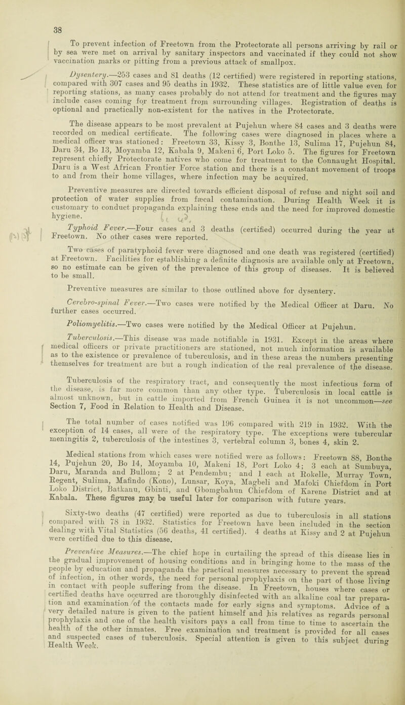 To prevent infection of Freetown from the Protectorate all persons arriving by rail or by sea were met on arrival by sanitary inspectors and vaccinated if they could not show vaccination .marks or pitting from a previous attack of smallpox. Dysentery. 253 cases and 81 deaths (12 certihed) w^ere registered in reporting stations, compared with 307 cases and 95 deaths in 1932. These statistics are of little value even for reporting stations, as many cases probably do not attend for treatment and the figures may include cases coming for treatment fro.m surrounding villages. Eegistration of deaths is optional and practically non-existent for the natives in the Protectorate, The disease appears to be most prevalent at Pujehun where 84 cases and 3 deaths were recorded on medical certificate. The following cases were diagnosed in places where a medical officer was stationed: Freetown 33, Kissy 3, Bonthe 13, Sulima 17, Pujehun 84, Baru 34, Bo 13, IMoyamba 12, Fabala 9, JVlakeni 6^, Port Boko 5. The figures for Freetown represent chiefly Protectorate natives who come for treatment to the Connaught Hospital. Haru is a West African Frontier Force station and there is a constant movement of troops to and from their home villages, where infection may be acquired. Preventive measures are directed towards efficient disposal of refuse and night soil and protection of water supplies from faecal contamination. During Health Week it is customary to conduct propag’anda explaining these ends and the need for improved domestic Iiyg’iene. [ ^ Typhoid Fever. Four cases and 3 deaths (certified) occurred during the year at Freetown. Ho other cases were reported. Iwo cases of paratyphoid fever were diagnosed and one death was registered (certified) at Freetown. Facilities for establishing a definite diagnosis are available only at Freetown, so no estimate can be given of the prevalence of this group of diseases. It is believed to be small. Preventive measures are similar to those outlined above for dysentery. Cerebrospinal Fever.—Two cases w^ere notified by the Medical Officer at Daru, No fui’ther cases occurred. Poliomyelitis.—Two cases were notified by the Medical Officer at Pujehun. Tuberculosis.—This disease was made notifiable in 1931. Except in the areas where medical officers or private practitioners are stationed, not much information is available as to the existence or prevalence of tuberculosis, and in these areas the numbers presenting themselves for treatment are but a rough indication of the real prevalence of the disease. Tuberculosis of the respiratory tract, and consequently the most infectious form of the disease, is far more common than any other type. Tuberculosis in local cattle is a niost un vnoun,^ but in cattle imported from French Gruinea it is not uncommon—see bection 7, Food in Helation to Health and Disease. The total number of cases notified was 196 compared with 219 in 1932. With the exception of 14 cases, all were of the respiratory tyjie. The exceptions were tubercular meningitis 2, tuberculosis of the intestines 3, vertebral column 3, bones 4, skin 2. Medical stations from which cases were notified were as follows : Freetown 88 Bonthe Moyamba 10, Makeni 18, Port Boko 4; 3 each at Sumbuya, Daru, Maranda and Bullom; 2 at Pendembu; and 1 each at Eokelle, Murray Town, Eegent, Sulima, Mafindo (Kono), Bunsar, Koya, Magbeli and Mafoki Chiefdom in Port Boko District, Batkanu, Gbinti, and Gbomgbahun Chiefdom of Earene District and at Kabala. These figures jnay be useful later for comparison with future years. Sixty-two deaths (47 certified) were reported as due to tuberculosis in all stations compared with 78 in 1932. Statistics for Freetown have been included in the section dealing with Vital Statistics (56 deaths, 41 certified). 4 deaths at Kissy and 2 at Pujehun were certified due to this disease. ^ Preventive Measures.—The chief hope in curtailing the spread of this disease lies in the gradual improvement of housing conditions and in bringing home to the mass of the people by education and propaganda the practical measures necessary to prevent the spread of infection, in other words, the need for personal prophylaxis on the part of those living in contact with people suffering from the disease. In Freetown, houses where cases or certified deaths_ have occurred are thoroughly disinfected with an alkaline coal tar prepara¬ tion and examination of the contacts made for early signs and symptoms. Advice of a very detailed nature is given to the patient himself and his relatives as regards personal prophylaxis and one of the health visitors pays a call from time to time to ascertain the health of the other inmates. Free examination and treatment is provided for all cases ^d suspected cases of tuberculosis. Special attention is given to this subject durino- Health Week.