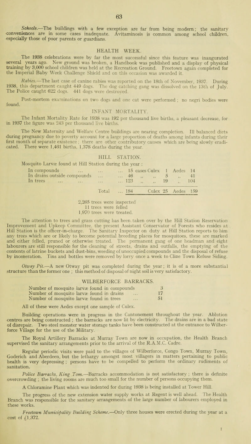 Schools.—The buildings with a few exception are far from being modem; the sanitary ■conveniences are in some cases inadequate. Avitaminosis is common among school children, especially those of poor parents or guardians. HEALTH WEEK. The 1938 celebrations were by far the most successful since this feature was inaugurated several years ago. New ground was broken, a Handbook was published and a display of physical training by 3,000 school children was held at the Recreation Ground. Freetown again completed for the Imperial Baby Week Challenge Shield and on this occasion was awarded it. Rabies.—The last case of canine rabies was reported on the 18th of November, 1937. During 1938, this department caught 449 dogs. The dog catching gang was dissolved on the 13th of July. The Police caught 622 dogs. 441 dogs were destroyed. Post-mortem examinations on two dogs and one cat were performed ; no negri bodies were found. INFANT MORTALITY. The Infant Mortality Rate for 1938 was 192 per thousand live births, a pleasant decrease, for in 1937 the figure was 243 per thousand live births. The New Maternity and Welfare Centre buildings are nearing completion. Ill balanced diets during pregnancy due to poverty account for a large proportion of deaths among infants during their first month of separate existence ; there are other contributory causes which are being slowly eradi¬ cated. There were 1,461 births, 1,378 deaths during the year. HILL STATION. Mosquito Larvae found at Hill Station during the year : In compounds ... ... ... 15 cases Culex 1 Aedes 14 In drains outside compounds ... ... 46 ,, 5 ,, 41 In trees ... ... ... ... 123 ,, „ 19 „ 104 Total ... 184 Culex 25 Aedes 159 2,265 trees were inspected 11 trees were felled 1,970 trees were treated. The attention to trees and grass cutting has been, taken over by the Hill Station Reservation Improvement and Upkeep Committee, the present Assistant Conservator of Forests who resides at Hill Station is the officer-in-charge. The Sanitary Inspector on dut}^ at Hill Station reports to him any trees which are or likely to become potential breeding places for mosquitoes, these are marked and either felled, pruned or otherwise treated. The permanent gang of one headman and eight labourers are still responsible for the cleaning of streets, drains and outfalls, the emptying of the contents of latrine buckets and dust-bins, weeding of unoccupied compounds and the disposal of refuse by inceneration. Tins and bottles were removed by lorry once a week to Cline Town Refuse Siding. Otway Pit.—A new Otway pit was completed during the year; it is of a more substantial structure than the former one ; this method of disposal of night soil is very satisfactory. WILBERFORCE BARRACKS. Number of mosquito larvae found in compounds 3 Number of mosquito larvae found in drains ... 17 Number of mosquito larvae found in trees ... 51 All of these were Aedes except one sample of Culex. Building operations were in progress in the C.antonement throughout the year. Ablution centres are being constructed ; the barracks are now lit by electricity. The drains are in a bad state of disrepair. Two steel monster water storage tanks have been constructed at the entrance to Wilber- force Village for the use of the Military. The Royal Artillery Barracks at Murray Town are now in occupation, the Health Branch supervised the sanitary arrangements prior to the arrival of the R.A.M.C. Cadre. Regular periodic visits were paid to the villages of Wilberforce, Congo Town, Murray Town, Goderich and Aberdeen, but the lethargy amongst most villagers in matters pertaining to public health is very depressing ; persons have to be compelled to perform the ordinary rudiments of sanitation. Police Barracks, King Tom.—Barracks accommodation is not satisfactory ; there is definite overcrowding ; the living rooms are much too small for the number of persons occupying them. A Chloramine Plant which wras indented for during 1938 is being installed at Tower Hill. The progress of the new extension water supply works at Regent is well ahead. The Health Branch wras responsible for the sanitary arrangements of the large number of labourers employed in these w7orks. Freetown Municipality Building Scheme.—Only three houses were erected during the year at a cost of £1.372. i