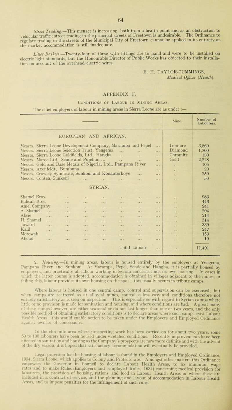 Street Trading.—This menace is increasing, both from a health point and as an obstruction to vehicular traffic; street trading in the principal streets of Freetown is undesirable. The Ordinance to regulate trading in the streets of the Municipal City of Freetown cannot be applied in its entirety as the market accommodation is still inadequate. Litter Baskets.—Twenty-four of these with fittings are to hand and were to be installed on electric light standards, but the Honourable Director of Public Works has objected to their installa¬ tion on account of the overhead electric wires. E. H. TAYLOR-CUMMINGS, Medical Officer [Health). APPENDIX F. Conditions of Labour in Mining Areas. The chief employers of labour in mining areas in Sierra Leone are as under - Mine. • Number of Labourers. EUROPEAN AND AFRICAN. Messrs. Sierra Leone Development Company, Marampa and Pepel ... Iron-ore 3,860 Messrs. Sierra Leone Selection Trust, Yengema Diamond 1,700 Messrs. Sierra Leone Goldfields, Ltd., Hangha Chromite 130 Messrs. Maroc Ltd., Sende and Puj ehun ... Gold 2,228 Messrs. Gold and Base Metals of Nigeria, Ltd., Pampana River >> 105 Messrs. Axenfeldt, Bumbuna ... > > 20 Messrs. Crowley Syndicate, Sunkoni and Konantorkoye > y 250 Messrs. Conteh, Sunkoni y t 50 SYRIAN. Shamel Bros. ) y 983 Bahsali Bros. > y 443 Amel Company y> 241 A. Shamel y y 204 Absie y y 214 H. Shamel ... y y 314 Jaward >) 339 Kalil y y 247 Morowah y i 153 Aboud y y 10 Total Labour ... 11,491 2. Housing.—In mining areas, labour is housed entirely by the emplo^^ers at Yengema, Pampana River and Sunkoni. At Marampa, Pepel, Sende and Hangha, it is partially housed by employers, and practically all labour working in Syrian concerns finds its own housing. In cases in which the latter course is adopted, accommodation is obtained in villages adjacent to the mines, or failing this, labour provides its own housing on the spot ; this usually occurs in tribute camps. Where labour is housed in one central camp, control and supervision can be exercised; but when camps are scattered as at alluvial mines, control is less easy and conditions therefore not entirely satisfactory as is seen on inspection. This is especially so with regard to Syrian camps where little or no provision is made for sanitation and housing, and where conditions are bad. A great many of these camps however, are either seasonal or do not last longer than one or two years, and the onlv possible method of obtaining satisfactory conditions is to declare areas where such camps exist Labour Health Areas ; this would enable action to be taken under the Employers and Employed Ordinance against owners of concessions. In the chromite area where prospecting work has been carried on for about two years, some 50 to 100 labourers have been housed under wretched conditions. Recently improvements have been affected in sanitation and housing as the Company’s prospects are now more definite and with the advent of the dry season, it is hoped that satisfactory accommodation will eventually be provided. Legal provision for the housing of labour is found in the Employers and Employed Ordinance, 1934, Sierra Leone, which applies to Colony and Protectorate. Amongst other matters this Ordinance empowers the Governor in Council to declare Labour Health Areas, to fix minimum wage rates and to make Rules (Employers and Employed Rules, 1934) concerning medical provision for labourers, the provision of housing, rations and food in Labour Health Areas or where these are included in a contract of service, and the planning and layout of accommodation in Labour Health Areas, and to impose penalties for the infringement of such rules.