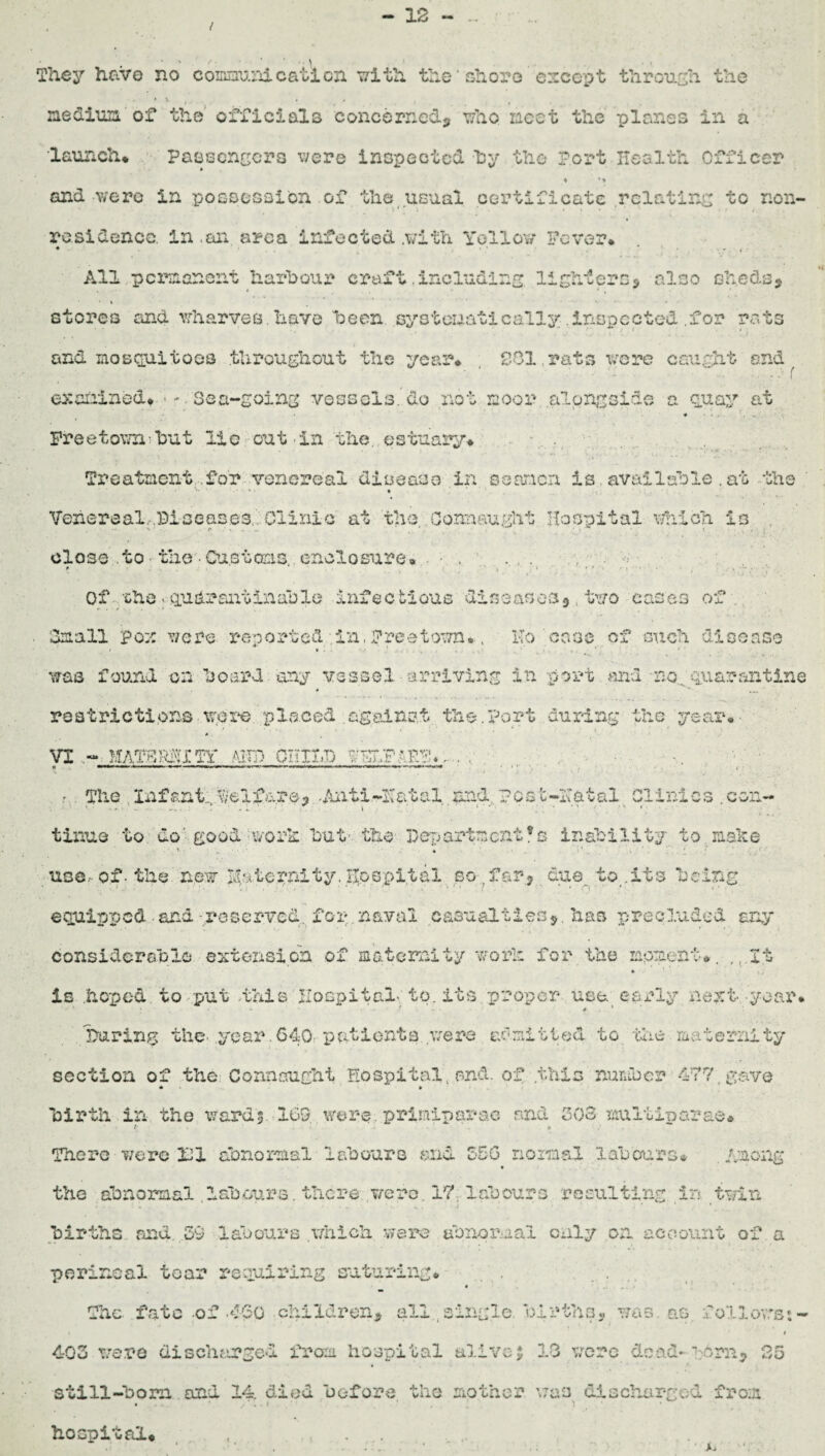 I - 12 ~ They have no communication with the‘ chore except through the , * \ , • 4 medium of the officials concerned* who meet the planes in a launch* Passengers were inspected by the Port Health Officer * ** and-were in possession of the usual certificate relating to non¬ residence in .an area infected .with Yellow* Fever. ♦ * * . . . . All permanent harbour craft,including lighters* also sheds* • * i * . , stores and wharves.have been systematically.inspected.for rats and mosquitoes throughout the year* 201 rats were caught and f examined* ■- Sea-going vessels, do not moor alongside a quay at * • • . . w Freetown5but lie out'in the estuary♦ Treatment for venereal disease in scanon is.available.at-the Venereal .-.Diseases.'. 01 ini c at the Connaught Hospital which is close .to- the-Cu.ctons..enclosure* • . Of ‘&ha. qu dr ant in able infectious diseases*,two cases of . dnall pox were reported in.Freetown.. Ho case of ouch disease I X . . . . .. was found on hoard any vessel • arriving in port and no... quarantine *  . restrictions wo re placed .against the. Port during the year.- * viwmmxTr mi buti® muss. *1 Bill ■ .■ nir.-iwr. .1*- 1-nrw. II. IIL. .1 W-.' Jiir^j-».nm-nL. -,n - - - i-rr-*-. > — ~*-*m-+*m*P , - The Infant. Welfare* dhiii-Hatal nn& Post-ICatal Clinics .con- tinue to do good work but- the Department's inability to make • . . ; * use, of-the new Maternity, hospital so .farj due_ to .its being equipped • and - reserved, for. naval casualties *. has precluded any considerable extension of maternity work for the moment*. ,, It » is .hoped to put .this Hospital- to. its proper use eerly next- year. f 4 * Daring the- year.040 patients were admitted to die maternity section of the Connaught Hospital, and. of this number 477.gave * ' * birth in the wards 109, were primiparac and 303 multiparae* There were HI abnormal labours and 550 normal labours* Among * the abnormal labours, there v/ero. 17 labours resulting in twin births and 59 labours which were abnormal only on account of a perineal tear requiring suturing* The fate of -460 .children* all ,single, births* was. as follows:- t * 405 were discharged from hospital alive % 13 were dead- orm* 25 still-born and 14. died before the mother was discharged from • * /\.i ‘ , [ ' ) • hospital* , . • jlj