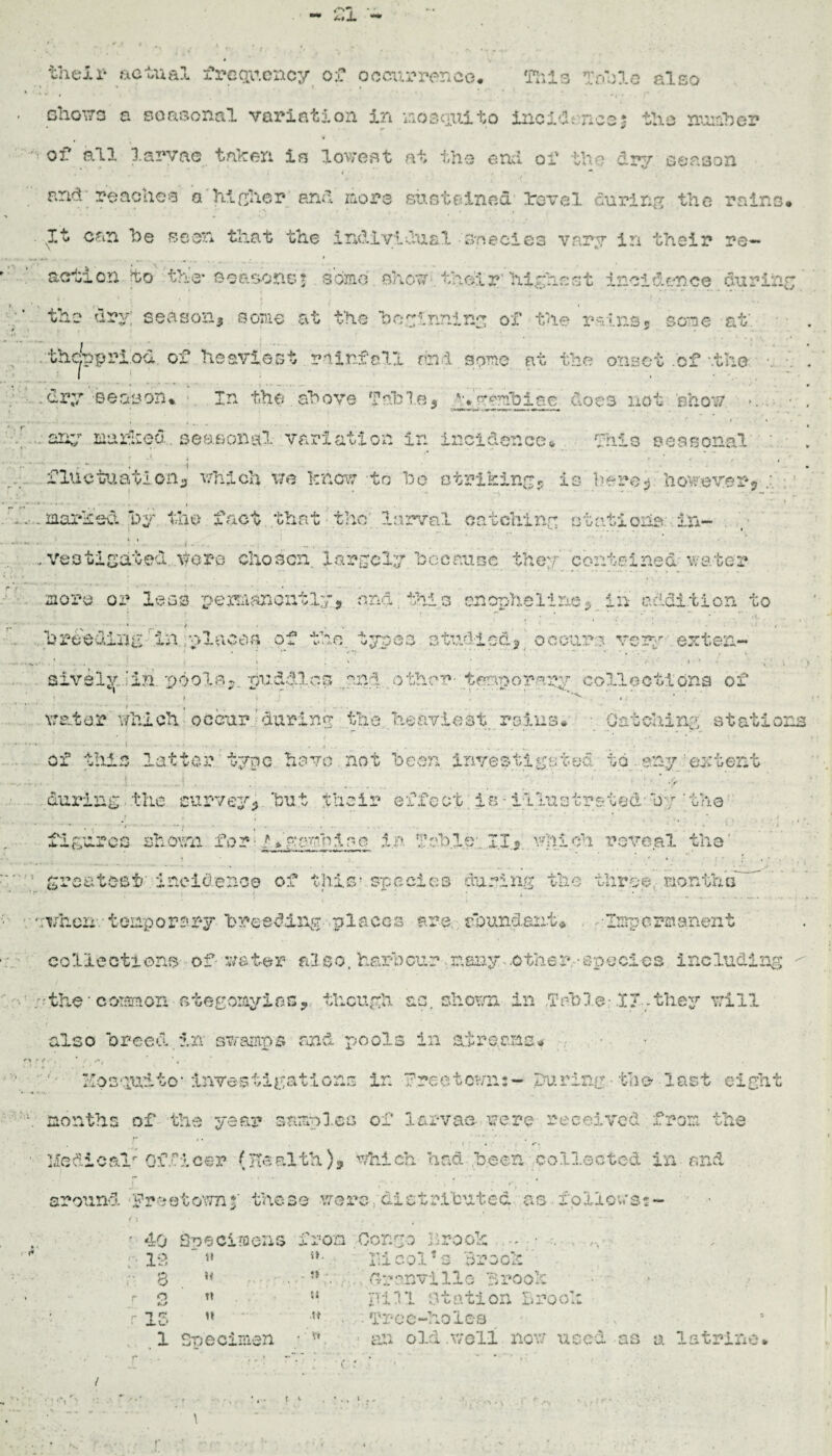 ~ A.J. * their actual frequency of occurrence. Tills Table also . shows a seasonal variation in mosquito incidences the number • r ' ** V of all larvae taken is lowest at the end of the dry season , * ” i ' *’ • * • . ■ : • ; •/ * and reaches ©'higher and more sustained hovel during the rains. > «* It can be seen that the individual s-necios vary in their re— r ’ action to the- seasons* setob show their highest incidence during the dry; season, some at the beginning of the rains, sene at , ■** *• , y .. . thipriod, of heaviest rainfall rai some at the onset .of'.the • • . I ' . dry season*. ■ In the above Table. v*.garribiae does not 'show .• any* marked. . seasonal variation in incidence* This seasonal • ■ ^ ^ ' J. 4 * * r .... fluctuation, which we knew to bo striking, is here,* however, . .. . nailed by the fact that the larval catching stations in- j 3 ♦ * veotigatel itoro chosen, largely 'because the;/' contained water mors or less pemanontly, and this cnopheilne, in- addition to V. : r. ‘ • ' f* , ; * . * * . h’ ' . v » i , , • - • * * breeding in places of the. typos studied, occurs very ezten- * , * •* * < *?• , ■ . • • , \ aiveljpin pbol.s,. piiddlep .and other- terror ary collections of ) * j • ,  . ■ </ water which occur during the. heaviest., rains. • Catching stations ■•*■”’■’*■ • • ••••• i .... . . . . ,.. . __. _ .. .. of this latter, type have not been invest!gated to any extent ; during• the survey, but their effect is - illustrated' by 'the figures shown for -* /pyvbiae in Table' II, which roveal the' greatest incidence of this-species during the three, mo.ntruf • • i . -■•*■■ • • ' i - . . , . * . • J . , .. „ ■ r:vhcn-.- temporary breeding', places are. abundant* . -Imp era. a rent collections of water also, harbour ,r,any-.other-species including -■• /.r.thc* common stegoiayios, though ac. shown in .Table-II .they will also breed in swamps and pools in air cans* Kos'iuito- investigations in Tree town:- puring the last eight \ months of the year samp3.es of larvae were received from the r .. * * . 1 Liedicalr Officer (Health), which had been collected in raid around -Freetown f these were,distributed as follows:- 40 Specimens from Congo brook . • . 12 it $K Hi col’s Brook” 8 « • ■ : . • - n ■. . Crenville Brook o #v/ ;i f i31 station Brook 15 It •u ■ Tree-holes 1 Specimen • an old .well now used \ * J* \
