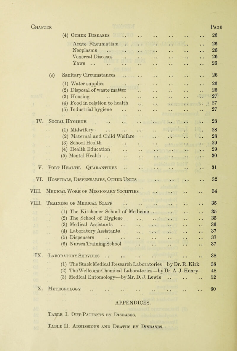 Chapter (4) Other Diseases Acute Rheumatism .. Neoplasms Venereal Diseases Yftws .. .. .. Page 26 26 26 26 26 (e) Sanitary Circumstances (1) Water supplies (2) Disposal of waste matter (3) Housing (4) Food in relation to health (5) Industrial hygiene 26 26 26 27 27 27 IV. Social Hygiene (1) Midwifery (2) Maternal and Child Welfare (3) School Health (4) Health Education (5) Mental Health 28 28 28 29 29 30 V. Port Health. Quarantines 31 VI. Hospitals, Dispensaries, Other Units 32 VIII. Medical Work of Missionary Societies 34 VIII. Training of Medical Staff . (1) The Kitchener School of Medicine .. (2) The School of Hygiene (3) Medical Assistants (4) Laboratory Assistants (5) Dispensers (6) Nurses Training School 35 35 35 36 37 37 37 IX. Laboratory Services (1) The Stack Medical Research Laboratories—by Dr. R.Kirk (2) The Wellcome Chemical Laboratories—by Dr. A. J. Henry (3) Medical Entomology—by Mr. D. J. Lewis 38 38 48 52 X. Meteorology 60 APPENDICES. Table I. Out-Patients by Diseases. Table II. Admissions and Deaths by Diseases.