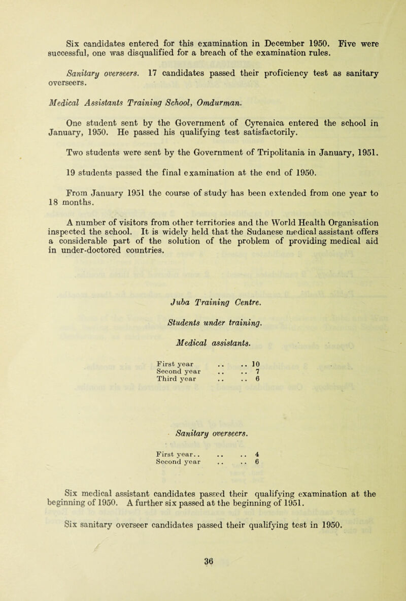 Six candidates entered for this examination in December 1950. Five were successful, one was disqualified for a breach of the examination rules. Sanitary overseers. 17 candidates passed their proficiency test as sanitary overseers. Medical Assistants Training School, Omdurman. One student sent by the Government of Cyrenaica entered the school in January, 1950. He passed his qualifying test satisfactorily. Two students were sent by the Government of Tripolitania in January, 1951. 19 students passed the final examination at the end of 1950. From January 1951 the course of study has been extended from one year to 18 months. A number of visitors from other territories and the World Health Organisation inspected the school. It is widely held that the Sudanese medical assistant offers a considerable part of the solution of the problem of providing medical aid in under-doctored countries. Juba Training Centre. Students under training. Medical assistants. First year Second year Third year 10 7 6 Sanitary overseers. First year.. .. . . 4 Second year .. .. 6 Six medical assistant candidates passed their qualifying examination at the beginning of 1950. A further six passed at the beginning of 1951. Six sanitary overseer candidates passed their qualifying test in 1950.