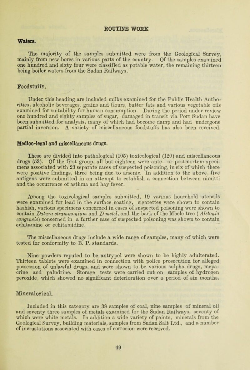 ROUTINE WORK Waters. The majority of the samples submitted were from the Geological Survey, mainly from new bores in various parts of the country. Of the samples examined one hundred and sixty four were classified as potable water, the remaining thirteen being boiler waters from the Sudan Railways. Foodstuffs. Under this heading are included milks examined for the Public Health Autho¬ rities, alcoholic beverages, grains and flours, butter fats and various vegetable oils examined for suitability for human consumption. During the period under review one hundred and eighty samples of sugar, damaged in transit via Port Sudan have been submitted for analysis, many of which had become damp and had undergone partial inversion. A variety of miscellaneous foodstuffs has also been received. Medico-legal and miscellaneous drugs. These are divided into pathological (105) toxicological (120) and miscellaneous drugs (53). Of the first group, all but eighteen were ante—or postmortem speci¬ mens associated with 23 separate cases of suspected poisoning, in six of which there were positive findings, three being due to arsenic. In addition to the above, five antigens were submitted in an attempt to establish a connection between nimitti and the occurrence of asthma and hay fever. Among the toxicological samples submitted, 19 various household utensils were examined for lead in the surface coating, cigarettes were shown to contain hashish, various specimens concerned in cases of suspected poisoning were shown to contain Datura strammonium and D metel, and the bark of the Mbele tree ( Alstonia congensis) concerned in a further case of suspected poisoning was shown to contain echitamine or e chita mi dine. The miscellaneous drugs include a wide range of samples, many of which were tested for conformity to B. P. standards. Nine powders reputed to be antrypol were shown to be highly adulterated. Thirteen tablets were examined in connection with police prosecution for alleged possession of unlawful drugs, and were shown to be various sulpha drugs, mepa- crine and paludrine. Storage tests were carried out on samples of hydrogen peroxide, which showed no significant deterioration over a period of six months. Mineralogies!. Included in this category are 38 samples of coal, nine samples of mineral oil and seventy three samples of metals examined for the Sudan Railways, seventy of which were white metals. In addition a wide variety of paints, minerals from the Geological Survey, building materials, samples from Sudan Salt Ltd., and a number of incrustations associated with cases of corrosion were received.