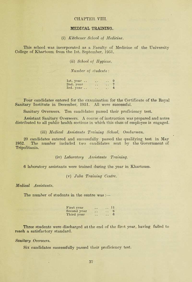 MEDICAL TRAINING. (i) Kitchener School of Medicine. This school was incorporated as a Faculty of Medicine of the University College of Khartoum from the 1st. September, 3951. (ii) School of Hygiene. Number of students : 1st. year . . . . 9 2nd. year . . 7 3rd. year . . . . 4 Four candidates entered for the examination for the Certificate of the Royal Sanitary Institute in December, 1951. All were successful. Sanitary Overseers. Ten candidates passed their proficiency test. Assistant Sanitary Overseers. A course of instruction was prepared and notes distributed to all public health sections in which this class of employee is engaged. (iii) Medical Assistants Training School, Omdurman. 20 candidates entered and successfully passed the qualifying test in May 1952. The number included two candidates sent by the Government of Tripolitania. (iv) Laboratory Assistants Training. 6 laboratory assistants were trained during the year in Khartoum. (v) Juba Training Ce7itre. Medical Assistants. The number of students in the centre was First year .. ..11 Second year .. 6 Third year . . 6 Three students were discharged at the end of the first year, having failed to reach a satisfactorv standard. Sanitary Overseers. Six candidates successfully passed their proficiency test.