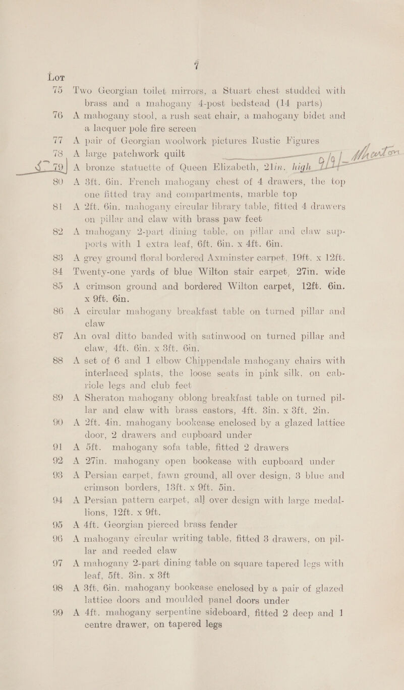 oF 98 99 Two Georgian toilet mirrors, a Stuart chest studded with brass and a mahogany 4-post bedstead (14 parts) A mahogany stool, a rush seat chair, a mahogany bidet and a lacquer pole fire screen A pair of Georgian woolwork pictures Rustic Figures ; eg Pr A large patchwork quilt Bi ae re iq E Maus ort A bronze statuette of Queen Elizabeth, a is 9/4}: . A 8ft. 6in. French mahogany chest of 4 drawers, the top one fitted tray and compartments, marble top A 2ft. 6in. mahogany circular library table, fitted 4 drawers on pillar and claw with brass paw feet A mahogany 2-part dining table, on pillar and claw sup- ports with 1 extra leaf, 6ft. 6in. x 4ft. 6in. A grey ground floral bordered Axminster carpet, 1Oft. x 12ft. Twenty-one yards of blue Wilton stair carpet, 27m. wide A crimson ground and bordered Wilton carpet, 12ft. 6in. x Oft. 6in. A circular mahogany breakfast table on turned pillar and claw An oval ditto banded with satinwood on turned pillar and claw, 4it. Gin. x Sit. Gim A set of 6 and 1 elbow Chippendale mahogany chairs with interlaced splats, the loose seats in pink silk, on cab- riole legs and club feet A Sheraton mahogany oblong breakfast table on turned pil- lar and claw with brass castors, 4ft. 8in. x 8ft.. Qin. A 2ft. 4in. mahogany bookcase enclosed by a glazed lattice door, 2 drawers and cupboard under A 5ft. mahogany sofa table, fitted 2 drawers Aan. opaeeey open bookcase with cupboard under A Persian carpet, fawn ground, all over design, 3 blue and crimson ce Sit: x Oi Sim. A Persian pattern carpet, all over design with large medal- lions, 12ft. x Oft. A 4ft. Georgian pierced brass fender A mahogany circular writing table, fitted 3 drawers, on pil- lar and reeded claw A mahogany 2-part dining table on square tapered De with leat5it.- 3in.x Sit A 3ft. 6in. mahogany bookcase enclosed by a pair of glazed lattice doors and moulded panel doors under A 4ft. mahogany serpentine sideboard, fitted 2: deep and 1 centre drawer, on tapered legs