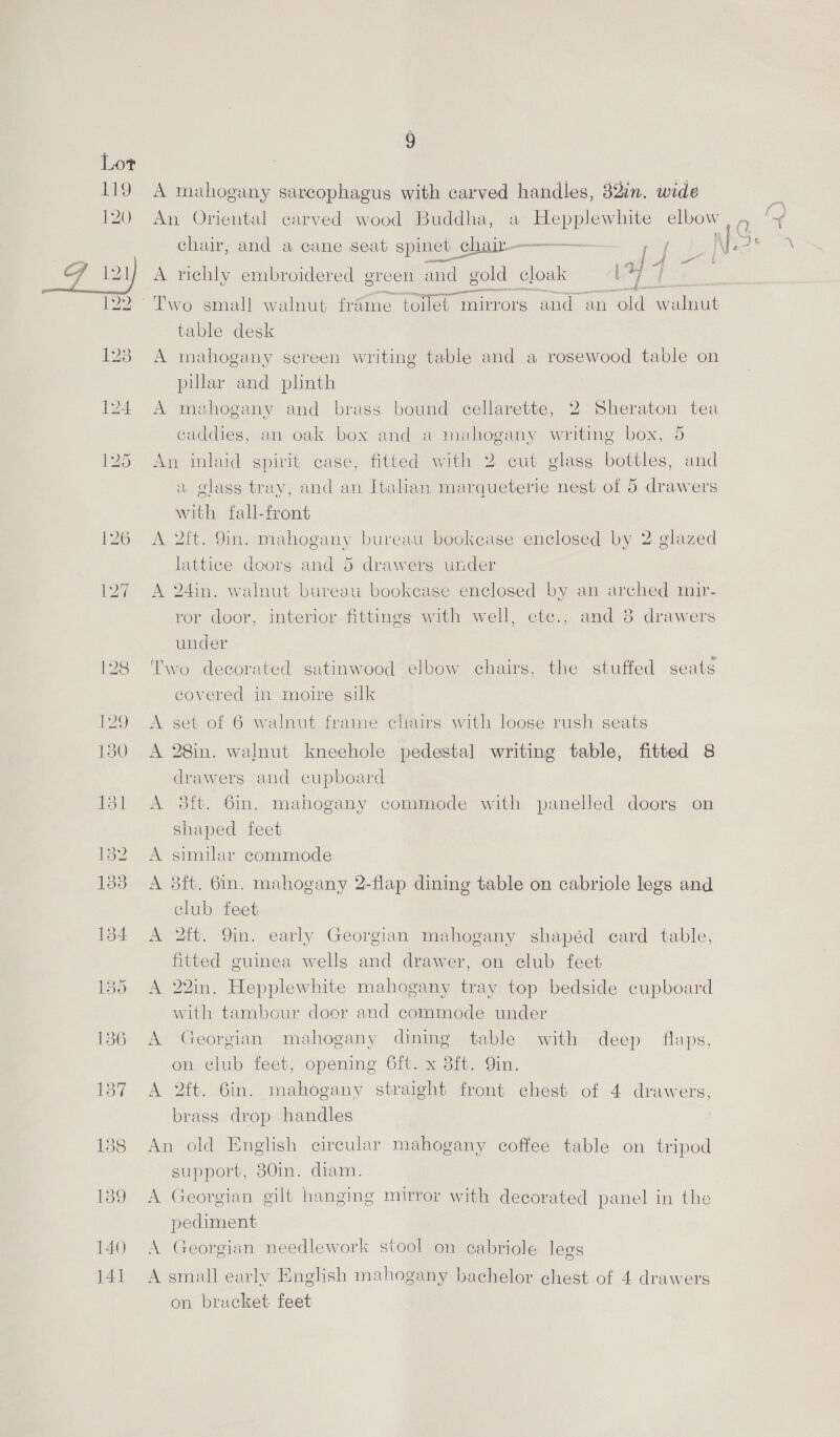 HSS, 140 141 9 An Oriental carved wood Buddha, a Hepplewhite elbow | chair, and a cane seat spinet_ chat ——— (Ahk A ee A richly embroidered green and gold cloak Ly 4 pati ee table desk A mahogany screen writing table and a rosewood table on pillar and plinth A mahogany and brass bound cellarette, 2 Sheraton tea caddies, an oak box and a mahogany writing box, 5 An inlaid spirit case, fitted with 2 cut glass bottles, and au glass tray, and an Italian marqueterie nest of 5 drawers with fall-front A 2ft. 9in. mahogany bureau bookease enclosed by 2 glazed lattice doors and 5 drawers under A 24in. walnut bureau bookcase enclosed by an arched mir- ror door, interior fittings with well, etc., and 8 drawers under Two decorated satinwood elbow chairs, the stuffed seats covered in moire silk A set of 6 walnut frame chairs with loose rush seats A 28in. walnut kneehole pedestal writing table, fitted 8 drawers and cupboard A 8ft. 6in. mahogany commode with panelled doorg on shaped feet A similar commode A 3ft. 6in. mahogany 2-flap dining table on cabriole legs and club feet A 2ft. Qin. early Georgian mahogany shapéd card table, fitted guinea wells and drawer, on club feet A 22in. Hepplewhite mahogany tray top bedside cupboard with tambour door and commode under A Georgian mahogany dining table with deep flaps, on club feet, opening 6ft. x 3ft. Yin. A 2ft. 6in. mahogany straight front chest of 4 drawers, brass drop handles An old English circular mahogany coffee table on tripod support, 80in. diam. A Georgian gilt hanging mirror with decorated panel in the pediment A Georgian needlework stool on cabriole lees A small early Enelish mahogany bachelor chest of 4 drawers on bracket feet