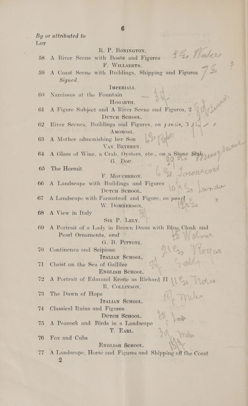 ‘Lor R: P. Boyineron. ae | 58 <A River Scene with Boats and Figures JST EF. Winaerts. on 59 A Coast Scene with Buildings, Shipping and Figures / Signed. ng IMPERIAL. 60 Narcissus at the Fountain HoGartu. 61 A Ficure Subject and A River Scene and Figures, 2 DutcH SCHOOL. i 62 River Scenes, Buildings and Figures, on panes, 3 4 Li i Mae AMorosl. | 63 <A Mother admonishing her Son Van BEYEREN. 64 A Glass of Wine, a Crab, Oysters, etc., on a Stone Slab, GC Show, 3 Se a 65 The Hermit haa | FE. MovucHERON. vs 66 A Landscape with ‘Buildings and Figures DurcH Scwoon. 67 <A Landscape with Farmstead and Figure, on pang W. DoMMERSON, WA 68 A View in Italy Sik -P.tLELy. 69 A Portrait of a Lady in Brown Dress with Blue Cloak and Pearl Ornaments, oval ; CA uy, Prrront. 70 Continenza and Scipione ITALIAN SCHOOL. 71 Christ on the Sea of Gallilee 72 <A Portrait of Edmund Keeite as Richard IT ° R. Contanson. — 73 The Dawn of Hope ; ITALIAN SCHOOL. 74 Classical Ruins and Figures Dutcn ScHoo.. 75 A Peacock and Birds in a Landscape 76 Fox and Cubs ee EnGiisn ScHoor. 77 A Landseape, Horsé and Figures and shigael off the Coast 2 a