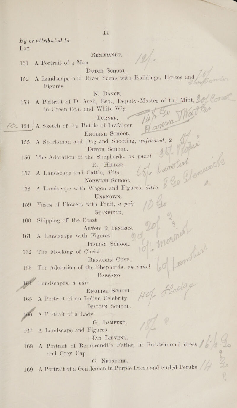 By or attributed to Lot REMBRANDT. 151 A Portrait of a Man Dutcu ScHooL. 152 A Landseape and River Scene with Buildings, Horses and Figures N. Dance, : 153 A Portrait of D. Asch, Esq., Deputy-Master of the Mint, 44 in Green Coat and White Wig ae ie at AP ah Encuisn Scnoon, 9 155 A Sportsman and Dog and Shooting, unfram ed, 2 Dutcn. ScHoon, 156 The Adoration of the Shepherds, on panel R. - HILDeEr. Pe heen Soe 4 157 A Landscape and Cattle, ditto LAls a NoRWICH SCHOOL. 158 A Landscape with Wagon and Figures, ditto UNKNOWN. 159 Vases of Flowers with Fruit, @ pair STANFIELD, 160 Shipping off the Coast Artois &amp; TENTERS. 161 A Landseape with Figures ITALIAN SCHOOL. 162 The Mocking of Christ ‘BENJAMIN CUYP. 168 The Adoration of the Shepherds, on panel “ BASSANO. ee Landseapes, @ pair | e° ENGLISH SCHOOL. ,, 7 Abe 165 <A Portrait of an Indian Celebrity (te Pa ITALIAN SCHOOL. 6 A Portrait of a Lady ‘ G. Lampert. 167 A Landseape and Figures JAN LIEVENS. 168 A Portrait of Rembrandt’s Father in Fur-trimmed dress and Grey Cap C. NETSCHER. 169 A Portrait of a Gentleman in Purple Dress and curled Peruke
