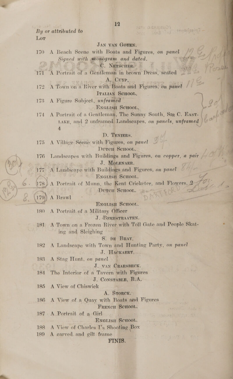 ie | Sa By or attributed to NE ee FRIIS Lor JAN VAN GOYEN. : 170 A Beach Seene with Boats and Figures, on panel nee Ue with eR sam, and dated. Bhar Ee s oe Nerscier. : Bi + aya {7 * A Portrait of a Gentleman in brown ‘Dress, seated  A, _Cuyp,. Ae: 172 A ‘Town on a Mee with’ ‘Boats sivtd Figures: on panel / e 178 A Figure Subject, unframed — 3: 174 A Portrait of a Gentleman, The Sunny South, Str C. Kast- vA LAKE, and 2 unframed. Landscapes, on panels, unframed D. TENTERS. 175 <A Valiige: Seene with Figures, on panel 176 Landseapes with Buildings and Figures, on copper, a pair ; eo MOLENAER. me | Durer SCHOOL. “geo £ of 44 wt Enattsit Scroor.. i 180 A Portrait. of a Military Officer | J. REERSTRAATEN. 181 A Town on a Frozen River with Toll Gate and People Skat- ing and Sleighing | S. pE Bray, 182 A ies with Town and Hunting Party, on panel J. HIACKAERT, J. VAN CRAESBECK. 184 The Interior of a Tavern with Figures J. ConstaBip, R.A. 185 <A View of Chiswick A. SrorcK. 186 A View of a Quay with Boats and Figures Frencu ScHoou. 187. A Portrait of a+ Girl ~ | -Enetist ScHoou. 188 AV eae Charles T’s Shooting Box 189 <A carved.and gilt frame FINIS. ~~ er 