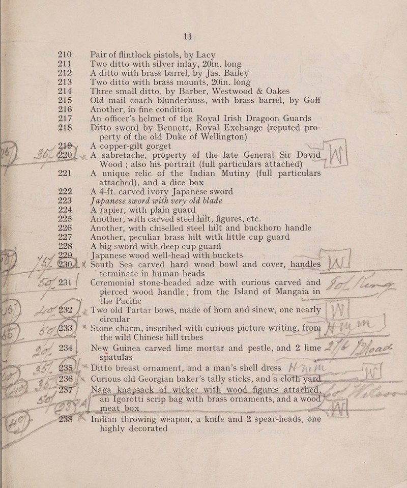 210 Pair of flintlock pistols, by Lacy 211 Two ditto with silver inlay, 20in. long 212 A ditto with brass barrel, by Jas. Bailey 213 Two ditto with brass mounts, 20in. long 214 Three small ditto, by Barber, Westwood &amp; Oakes 215 Old mail coach blunderbuss, with brass barrel, by Goff 216 Another, in fine condition 217 An officer’s helmet of the Royal Irish Dragoon Guards 218 Ditto sword by Bennett, Royal Exchange (reputed pro- perty of the old Duke of Wellington) of wee A copper-gilt gorget real L wW0.@20/.. A sabretache, property of the late General Sir David NY | may sa Wood ; also his portrait (full particulars attached) ~ [' *1 221 A unique relic of the Indian Mutiny (full particulars attached), and a dice box 222 A 4-ft. carved ivory Japanese sword 223 Japanese sword with very old blade 224 A rapier, with plain guard 225 Another, with carved steel hilt, figures, etc. 226 Another, with chiselled steel hilt and buckhorn handle 227 Another, peculiar brass hilt with little cup guard 228 A big sword with deep cup guard a : Jif es | Japanese wood well-head with buckets me aE | / 27. 2304.% South Sea carved hard wood bowl and cover, jonas IAL | ma £3 / terminate in human heads er ee, SZ 231{ Ceremonial stone-headed adze with curious carved and $e */ a ae nae pierced wood handle; from the Island of ne Ma oe a ace \ dee. | the Pacific en | Ho 232 / » Two old Tartar bows, made of horn and sinew, one nearly V\ 4 olen Fogel circular TP ‘ 4 (233 } * Stone charm, inscribed with curious picture writing, from K ta, Cael Fe = ele the wild Chinese hill tribes “ee or we FR A x/ 234| New Guinea carved lime mortar and pestle, and 2 ime <//# / “ea: gee Pay spatulas . ae een . GAT 235), “ Ditto breast ornament, and a man’s shell dress /¥ | ie, Z TI O36 i ~ Curious old Georgian baker’s tally sticks, and a cloth rel a om © 937) Naga _knapsack of wicker with wood. figures attached, < BH oie } ig oe ln . ; <4) an Igorotti scrip ae with brass ornaments, and a wood, mgm : EE fp ed SE CEM Tey See oe 7}. 938 \ Indian throwing weapon, a ute and 2 anes hea, one ~ \S 6 highly decorated  