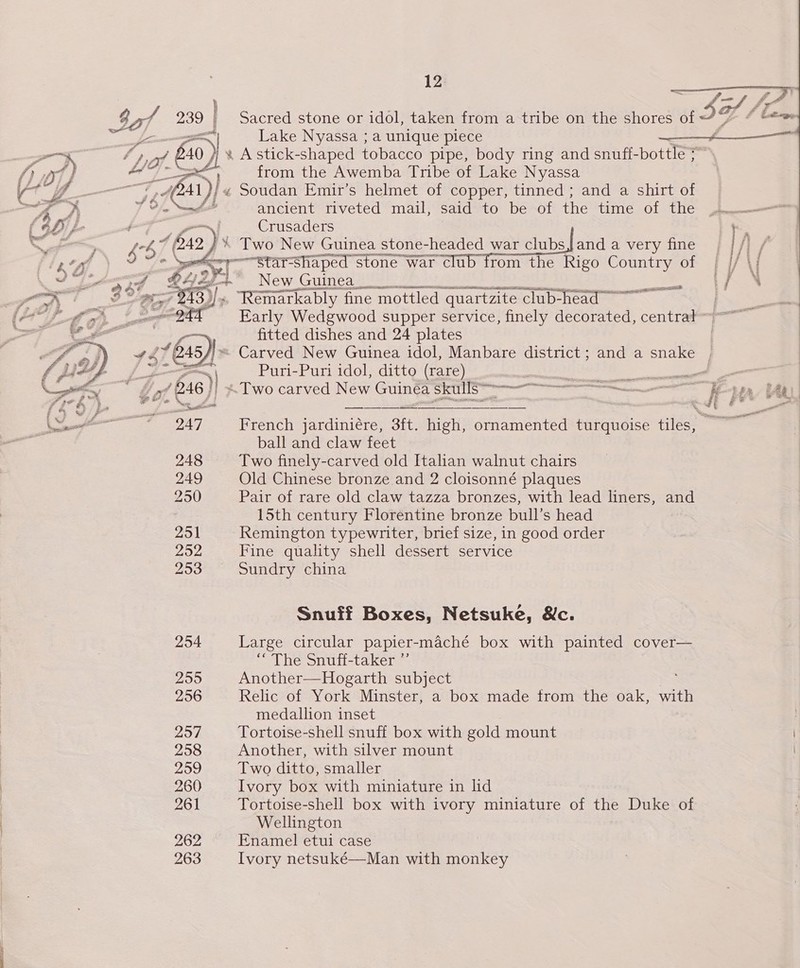 a 41)/ «   255 256 297 258 299 260 261 262 263 12 Lake Nyassa ; a unique piece from the Awemba Tribe of Lake Nyassa - Soudan Emir’s helmet of copper, tinned ; and a shirt of ancient riveted mail, said to be of the time of the New Guinea 3 SERN ell “Remarkably fine mottled quartzite -club-head a  fitted dishes and 24 plates Puri-Puri idol, ditto (rare) ball and claw feet Two finely-carved old Italian walnut chairs Old Chinese bronze and 2 cloisonné plaques Pair of rare old claw tazza bronzes, with lead liners, and 15th century Florentine bronze bull’s head Remington typewriter, brief size, in good order Fine quality shell dessert service Sundry china Snuff Boxes, Netsuke, &amp;c. Large circular papier-maché box with painted cover— “ The Snuff-taker ” Another—Hogarth subject Relic of York Minster, a box made from the oak, with medallion inset Tortoise-shell snuff box with gold mount Another, with silver mount Two ditto, smaller Ivory box with miniature in lid Tortoise-shell box with ivory miniature of the Duke of Wellington Enamel etui case Ivory netsuké—Man with monkey