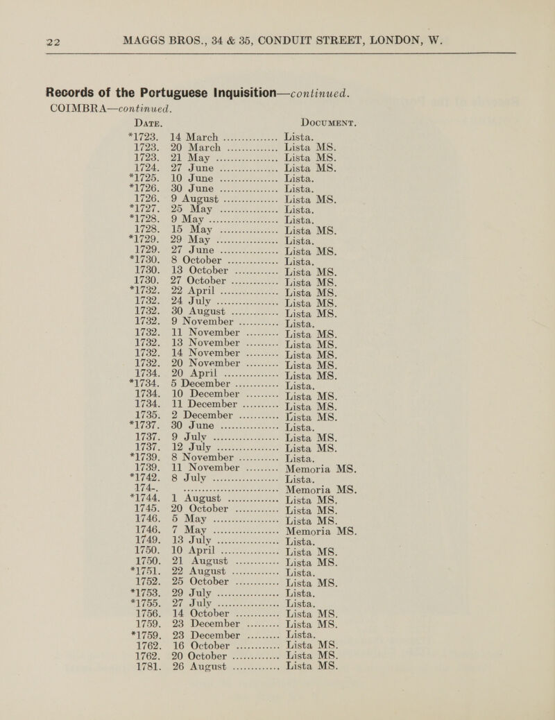 Records of the Portuguese Inquisition—continued. COIMBRA—continued.  DATE, DocuMENT. TL 2o0 ear ene eek eccnae Lista. 1723. 20 March ..22.4.2%. Lista MS. 1723. Di May os ees. anes Lista MS. 1B? ema iGhe ony eke memes eae a o8 Lista MS. 1255” ONG coco Lista. PI7Z20. -SOr NOW eee Lista. L726. 9 Ag se Se ke Lista MS. TG gs Se NU igs Wace Peete Lista. PATS TOMER: 2225. eee Lista. 17238. (15 May AS, et see Lista MS. MTDO ZON May oe acac aoe eceaeh Lista. 20 27 DUNG oe ee Lista MS. 1780. (8 JOCtober2o:ccecee Lista. 1730. 13 October a itarans acolo ats Lista MS. 1730) (27 October i.5...255 Lista MS. es a epee Ae nt eg 5 BN Lista MS. W732 Da Say cs Sic Lista MS. 1782. SOnAUCUBE 06. Lista MS. 1732. 9 November ........... Lista. 17382. “ll November ....:..: Lista MS. 1732. 13 November =...4.... Lista MS. 1732, 14 November: 4.0.2.5: Lista MS. 1732. 20. November \S.24...6: Lista MS. W734... 20 AA pra sorts leat Lista MS. *1734. 5 December ............ Lista. 1734. 10 December ......... Tista MS: 1734. 11 December .......... lista MS. 1735. 2 December ........... Tista MS. PU OT iGO Ape ee ace Lista. UT SU i) Dray disown ones Lista MS. 3st. . 12 July A See or eee Lista MS. *1739);. 8 November 2605.04: Lista. 1739.42 November-o...4.25. Memoria MS. BE ee PS APY, ons cree selon Lista. sli TR Gh Hee reenter Ne MO St Memoria MS. 44, 1 Aout ee etn Lista MS. 1745. > 20 October. <........... Lista MS. WAGs “GusMba ye nie cetanca dy ec Lista MS. 1746: .7 May Beds ae eee aN Ee Memoria MS. Fc aus 1 Br a eR Oa Lista. 1750: Oi April se es Lista MS. 1 AS Wan 44 ae ea) ere Lista MS. PALO DFS ANIOMIBT ote, Sh eties, Lista. 1752... 2b October 2 4...0.<55, Lista MS. MOO eo eR cease oe ee Lista. PTO ee Oi eM atone captors omnes de Lista. 1756; 14. October 55. 8 Lista MS. 1759. 23 December ......... Lista MS. *1759. 23 December’ ..:.::..- Lista. 1762: 16 October*=...2-2..3: Lista MS. 1762. 20° October Ayes. Lista MS. WSLS 26 AMemstessceetescen Lista MS. 