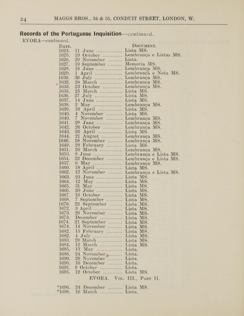 Records of the Portuguese Inquisition—continued. EVORA—continued.   Date. DocuMENT. UG 772 ae Ie iar) EVV Sie A eee Lista MS. 1625. 19: October sncss.55.-. Lembranga e Listas MS. 1626; 29 November. .....-.. Lista. 1627. 49 September... .;. Memoria MS. 1628,. 138 SuMene ccc Lembranga MS. 1629. « det Apri or oe ee Lembranga e Nota MS. 1650. SO Bully ee eee. Lembranga MS. jlG382. 28. March io... Lembranca MS. 1633. ~23 October....:..2.... Lembranca MS. 1635... \25° Maken S202... es. Lista MS. UGSOs (27 wail ye eens Lista MS. WOO. Lar GMS, tee eee Lista MS. 1688. (2 Mag t. aa ceen eee Lembranga MS. 1639: 10 Apmis ce te Lista MS. 1640. 4 November? &lt;..2..7. Lista MS. 1640, ¢% Noxvember=.7....... Lembranga MS. O42). (20 Jute s se Lembrancga MS. 1642. 26 Octoner sic. : Lembranca MS. 1643. 26 UAE. icc. Lista MS. 1644. 21 August &lt;2....5.2.... Lembranga MS. 1646. 18 November ......... Lembranca MS. 1649. 28 February .......... Lista MS. 16a. 26 UMarches =.) se Lembranca MS. POSS. (Oe) MIO) tec sece ens Lembranga e Lista MS. 1654. 22 December ..:....... Lembrang¢a e Lista MS. iGag.- (GO aiaye ei gee eee Lembranca MS. 1660. As Aprmll ae Lista MS. 1662. 12 November” .:....... Lembranca e Lista MS. 1663) 223 Jae: ck Lista MS. 1664, U2 Moy © aoe ene Lista MS. 1665. (Siku Mbayi no. 0.2. hee Lista MS. 1666... 20 Junie’, fy. 2 ee Lista MS. 1667,. -46. October 42... Lista MS. 1668. 7 September .......... Lista MS. 1670. 22 September ........ Lista MS. 1GG2, 18 Aprileess ms, see Lista MS. 1673. 26 November ......... Lista MS. 1675... December 222... Lista MS. 1674. 2): September. — {5 -... Lista MS. 1674. --14 November s. 2.23: Lista MS. 1682. Vou ebruary ooe..cc: Lista MS. KOS2.. AU a ee Lista MS. 1683. 28 Weck Pcs a ket heats Lista MS. 1634. 12 Manch......0% 50. Lista MS. LGSac aS) baie ota eee Lista. 1686. 24 November ........ Lista. 1690. 29 November ......... Lista. 1690. 10 December ......... Lista. 1695... ‘O7October, 2.3585. 05- Lista. 1695, 12 ‘October x7 hoes. Lista MS. EVORA. Vow. ITI., Parr II. *1696. 24 December ......... Lista MS. *1698,. 16; MEAnCaS aan eas Lista.