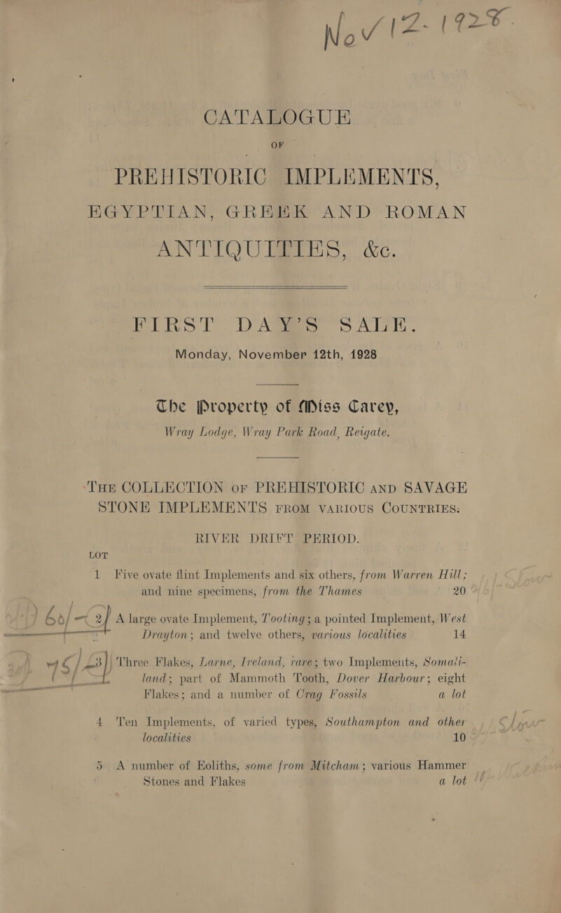 Nov (4 aes CATALOGU E OF PREHISTORIC IMPLEMENTS. HGYPTIAN, GRHEK AND ROMAN ANTIQUITIES, &amp;c.   FIRST. DARHsS SAUTE. Monday, November 12th, 1928 The Property of Miss Carey, Wray Lodge, Wray Park Road, Reigate. ‘Tne COLLECTION or PREHISTORIC anp SAVAGE STONE IMPLEMENTS From various CouUNTRIES: RIVER DRIFT PERIOD. LOT 1 five ovate flint Implements and six others, from Warren Hull; and nine specimens, from the T’hames me 20) bo oe af A large ovate Implement, Tooting ; a pointed Implement, West ee Drayton; and twelve others, various localities 14 ed ff ed Three Flakes, Larne, Ireland, rare; two Implements, Somati- ia land; part of Mammoth Tooth, Dover Harbour; eight 4 Flakes; and a number of Crag Fossils a lot 4 'Ten Implements, of varied types, Southampton and other localities 10 5 A number of Koliths, some from Mitcham; various Hammer Stones and Flakes a lot