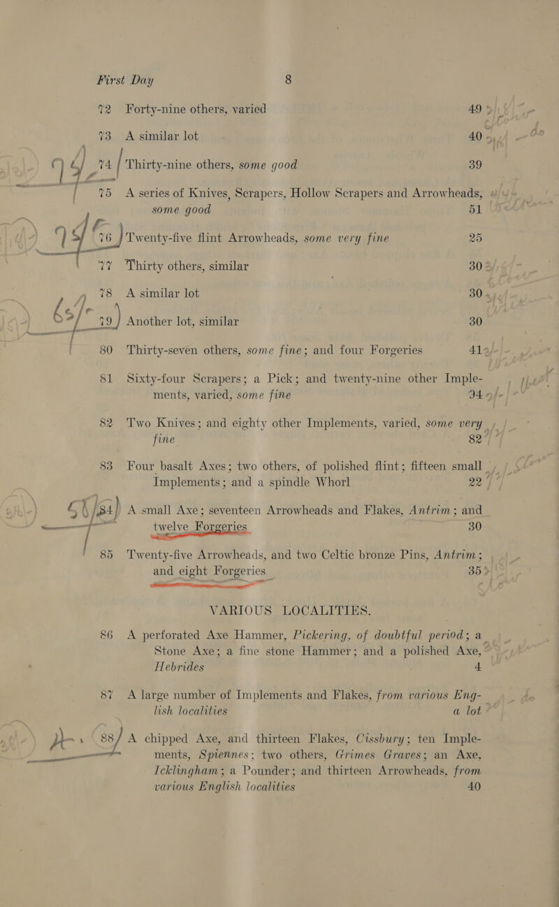72 Forty-nine others, varied 49 ' 73 A similar lot 40 » f i >| Dik |] Thirty-nine others, some good 39 | 45 A series of Knives, Scrapers, Hollow Scrapers and Arrowheads, some good 51 i S 16) Dwenty-five flint Arrowheads, some very fine 25 ——f— \ %% Thirty others, similar 30 , %8 A similar lot 30 » c, /e | bs/* 19) Another lot, similar 30 80 Thirty-seven others, some fine; and four Forgeries Al aj-). S51 Sixty-four Scrapers; a Pick; and twenty-nine other Imple- ments, varied, some fine D4 ¢ CO co) Two Knives; and eighty other Implements, varied, some very _ fine. 3 82 83 Four basalt Axes; two others, of polished flint; fifteen small ', Implements; and a spindle Whorl 22 | Ss i /34 } A small Axe; seventeen Arrowheads and Flakes, Antrim; and omen twelve Forgeries 30 85 ‘Twenty-five Arrowheads, and two Celtic bronze Pins, Antrim ; and eight Forgeries 35) A REE cea tans canacaiieggas ee VARIOUS LOCALITIES. 86 <A perforated Axe Hammer, Pickering, of doubtful period; a Stone Axe; a fine stone Hammer; and a polished Axe, © Hebrides 4. CO ~ A large number of Implements and Flakes, from various E'ng- lish localities a lot y -. \ 88 y A chipped Axe, and thirteen Flakes, Cissbury; ten Imple- eee ments, Spiennes; two others, Grimes Graves; an Axe, Icklingham ; a Pounder; and thirteen Arrowheads, from various English localities 40