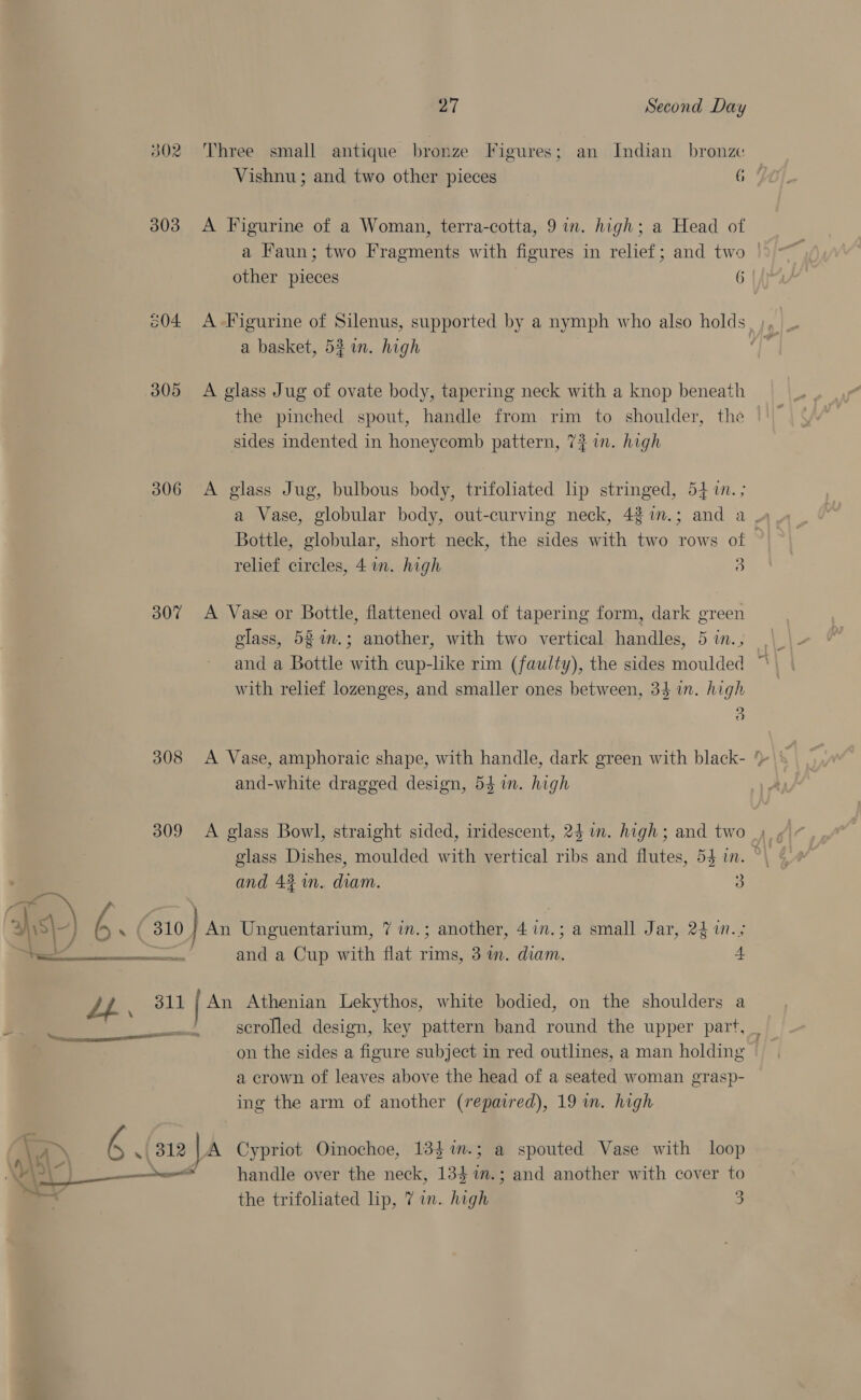 _ 302 303 306 307 308 309 27 Second Day ee smal ique bronze Figures; an Indian bronze Three small antique bronze [ig ; Indian bron A Figurine of a Woman, terra-cotta, 9 in. high; a Head of a Faun; two Fragments with figures in relief; and two a basket, 53 in. high A glass Jug of ovate body, tapering neck with a knop beneath the pinched spout, handle from rim to shoulder, the sides indented in honeycomb pattern, 74 in. high A glass Jug, bulbous body, trifoliated lip stringed, 54 in. ; relief circles, 4 in. high 3 A Vase or Bottle, flattened oval of tapering form, dark green olass, 52%n.; another, with two vertical handles, 5 in., with relief lozenges, and smaller ones between, 34 in. high o and-white dragged design, 54 im. high A glass Bowl, straight sided, iridescent, 24 im. high; and two and 431. diam. 3 and a Cup with flat rims, 3 m. diam. L x aes on the sides a figure subject in red outlines, a man holding a crown of leaves above the head of a seated woman grasp- ing the arm of another (repaired), 19 in. high aN A «| 312 | A Cypriot Oinochoe, 134 %m.; a spouted Vase with loop — handle over the neck, 134 7m.; and another with cover to the trifoliated lip, 7 im. high 3
