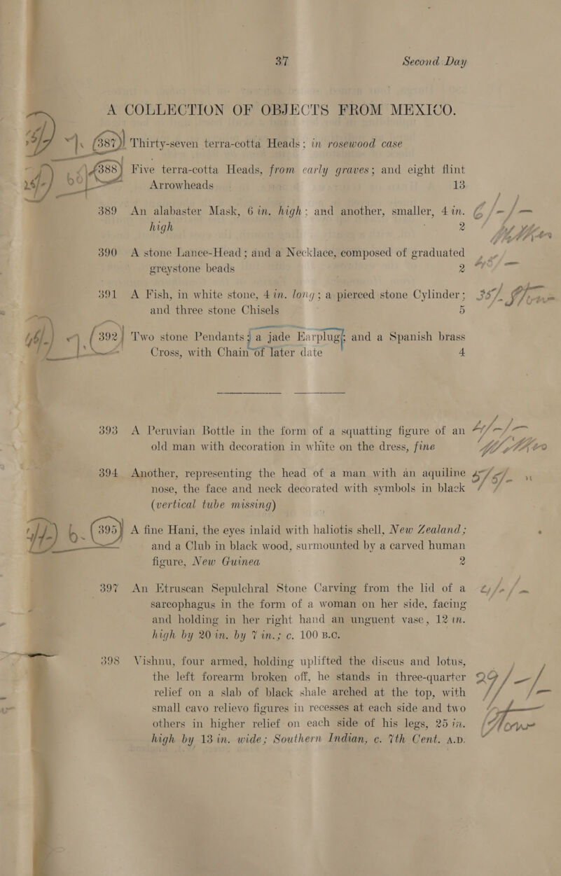 A COLLECTION OF OBJECTS FROM MEXIC s 4 2 I ic) Thirty-seven terra- cotta Heads; in rosewood case 888) Five terra-cotta Heads, er early graves; and eight flint —_. Arrowheads 13  389 An alabaster Mask, 6 im. high; and another, smaller, 4 i. high 2 390 &lt;A stone Lance-Head; and a Necklace, composed of graduated ereystone beads | 2 391 A Fish, in white stone, 4in. lony; a pierced stone Cylinder ; and three stone Chisels 5 A). “) (+0 ‘'wo stone Pendants) a. jade Earplugy: and a Spanish brass | ss Cross, with Chain“of later date 4 393 A Peruvian Bottle in the form of a squatting figure of an old man with decoration in white on the dress, fine 394 Another, representing the head of a man with an aquiline nose, the face and neck decorated with svmbols in black (vertical tube missing) ar r / b (303) A fine Hani, the eyes inlaid with haliotis shell, New Zealand ; ee and a Club in black wood, surmounted by a carved human figure, New Guinea 2 397 An Etruscan Sepulchral Stone Carving from the lid of a . sarcophagus in the form of a woman on her side, facing and holding in her right hand an unguent vase, 12 i. high by 20 in. by 7 in.; c. 100 B.o. Vishnu, four armed, holding uplifted the discus and lotus, the left forearm broken off, he stands in three-quarter relief on a slab of black shale arched at the top, with small cavo relievo figures in recesses at each side and two : others in higher relief on each side of his legs, 25 i. high by 13 in. wide; Southern Indian, c. Vth Cent. av.  ) Sey Yo 4 id | ad 5/5 oo LA f Z -